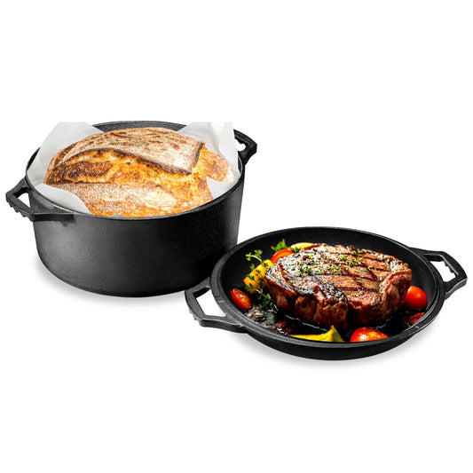 NutriChef Cast Iron Double Dutch Oven Multi Cooker, Pre-Seasoned 3.5 Qt Dutch Oven Pot with Lid Skillet, Heavy-Duty Nonstick Cookware for Baking, Roasting & Braising, Black
