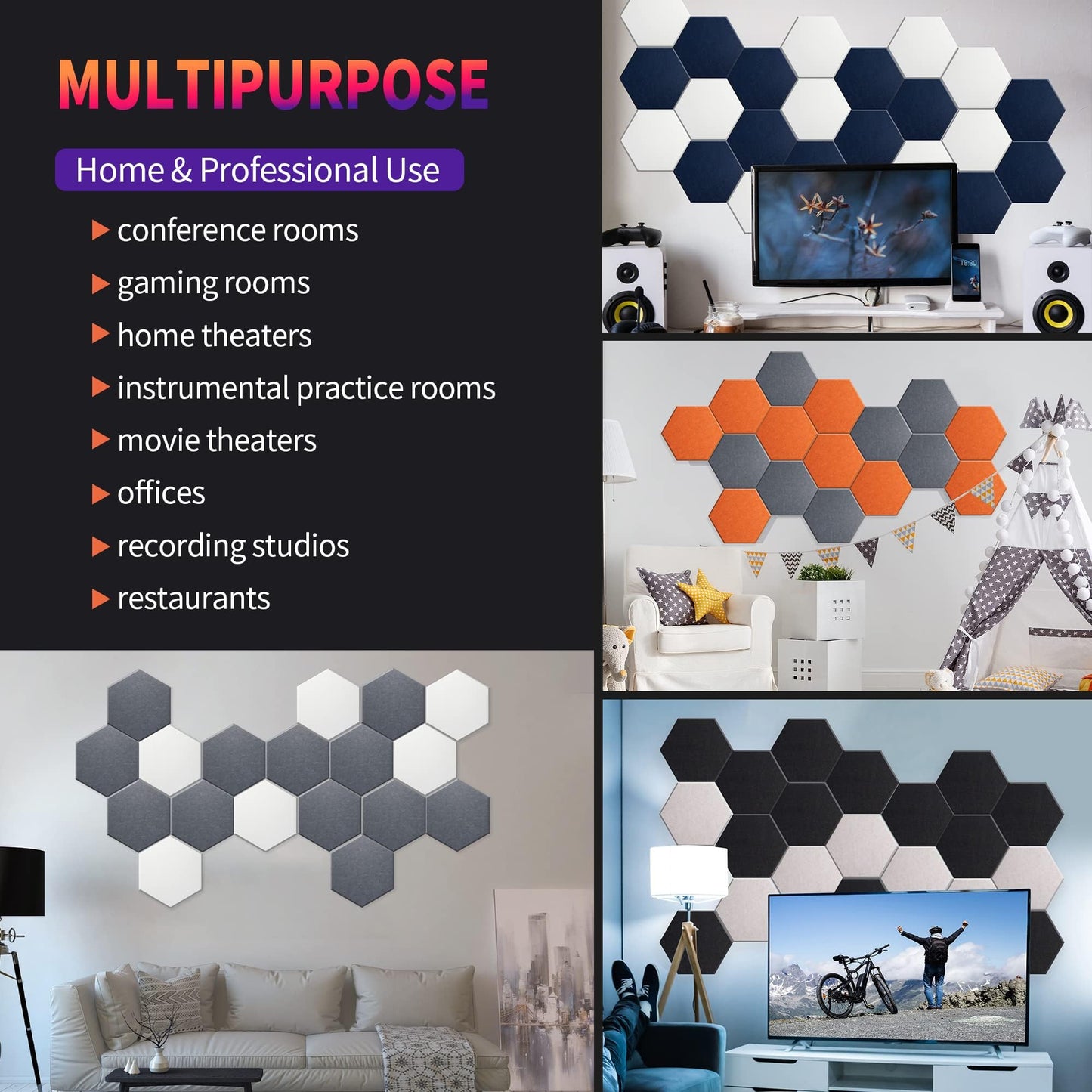 Mollywell Hexagon Acoustic Panels 14x12 - Reduce Echo & Reverb, Noise Blocking Wall Tiles for Living Room & Studio, Afraica & Moon Gray Sound Absorbing Panels