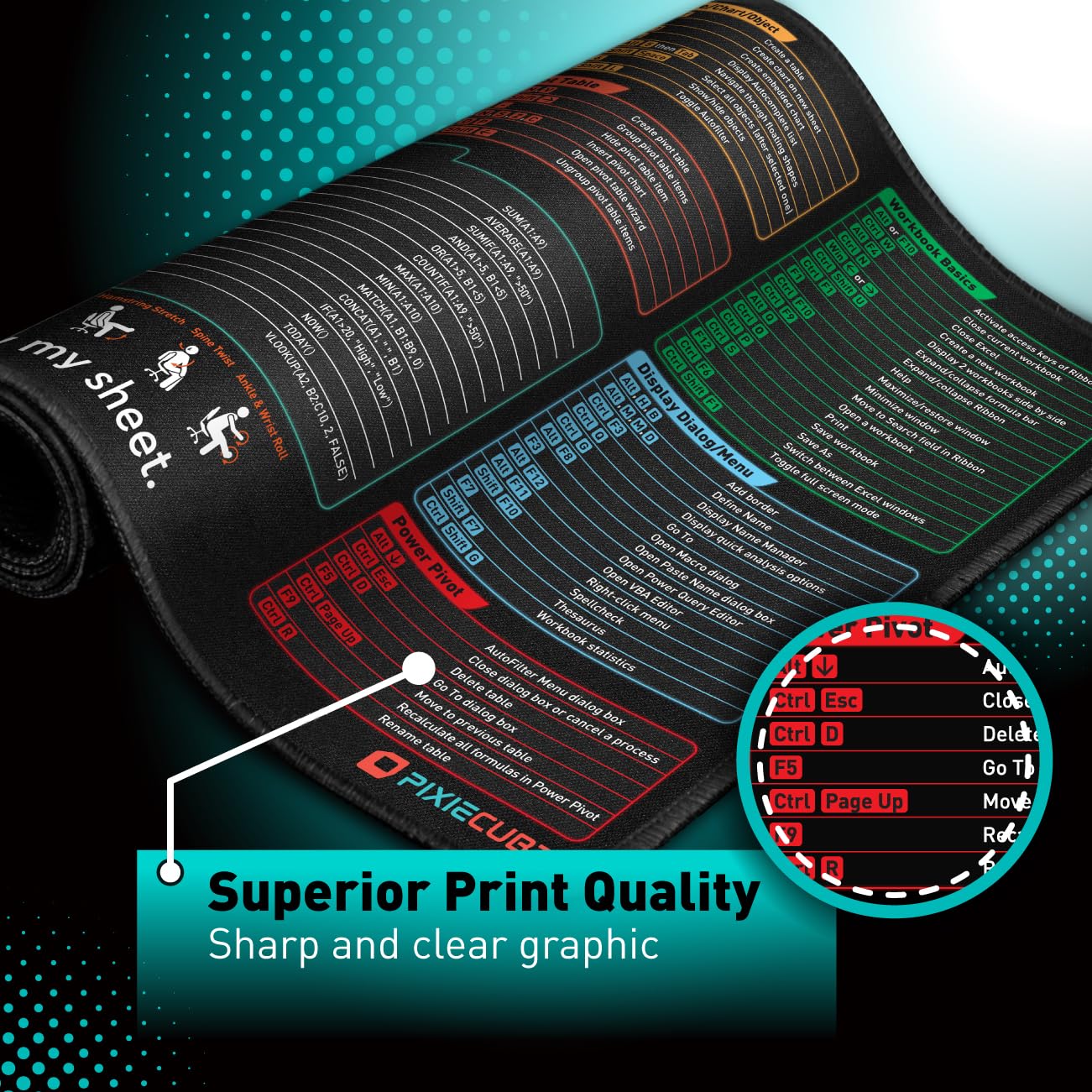 Excel Shortcut Keys Mouse Pad - Extended Large XXL Cheat Sheet Gaming Mousepad | PC Office Spreadsheet Keyboard Mat | Non-Slip Stitched Edge