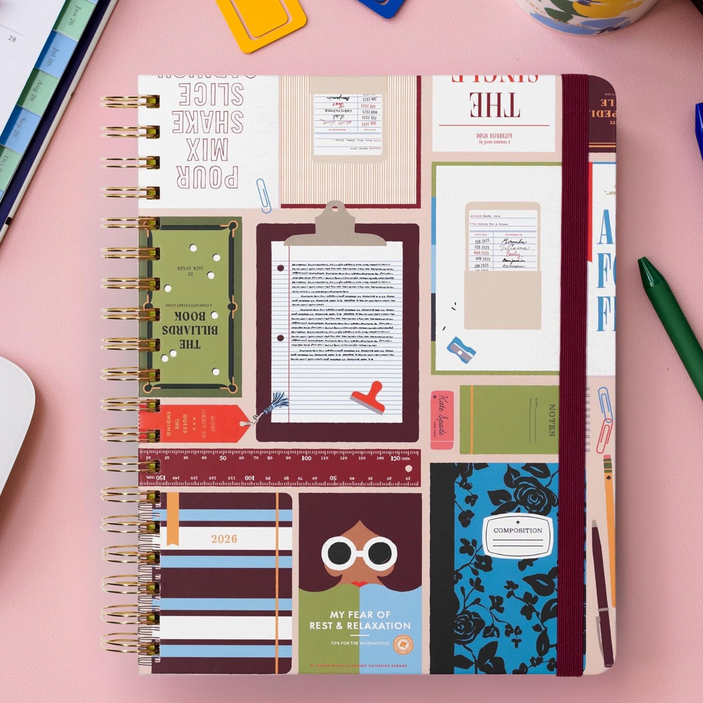 kate spade new york Daily Planner 2026 Mega Agenda January - December 2026, Hardcover Weekly and Monthly Spiral Planner with Stickers (Book Club)