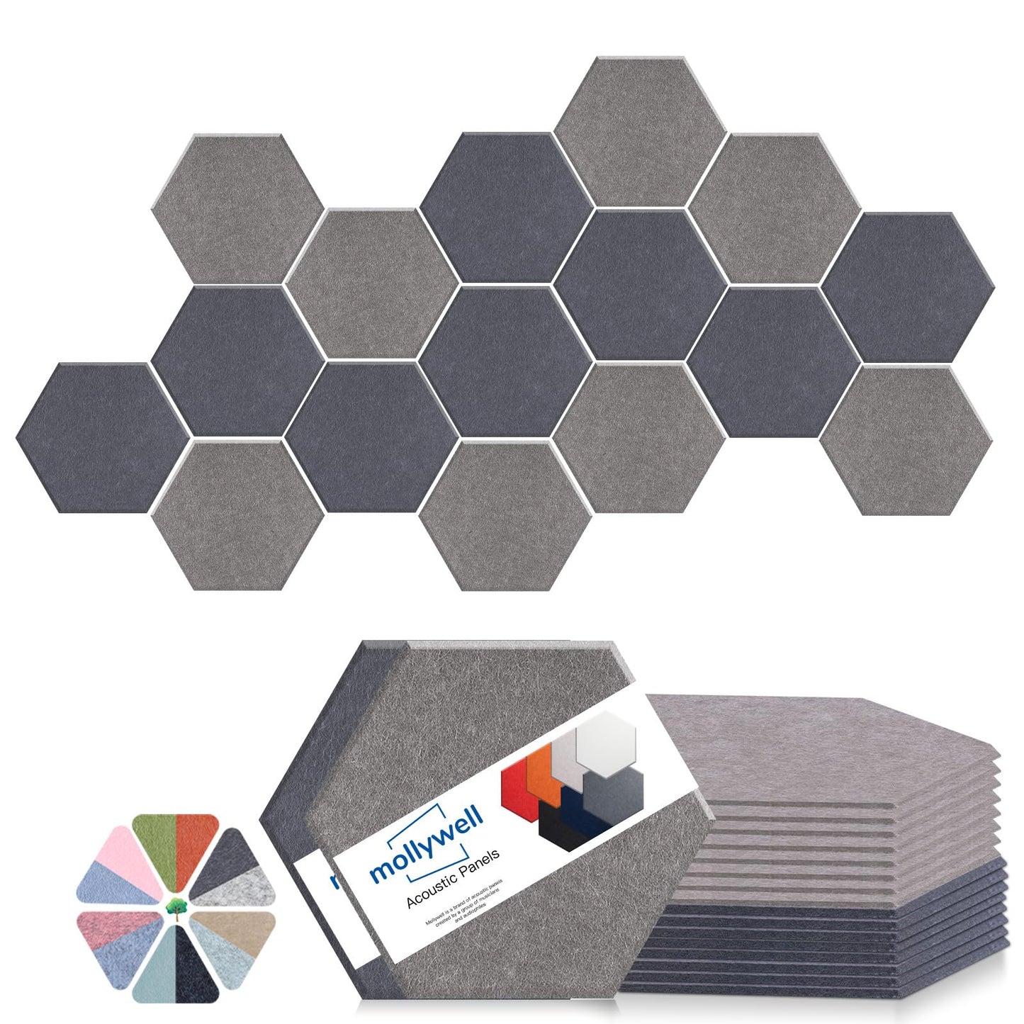 Mollywell Hexagon Acoustic Panels 14x12 - Reduce Echo & Reverb, Noise Blocking Wall Tiles for Living Room & Studio, Afraica & Moon Gray Sound Absorbing Panels