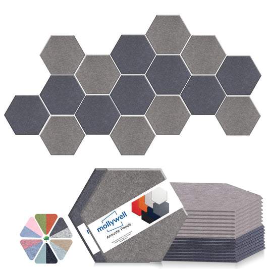 Mollywell Hexagon Acoustic Panels 14x12 - Reduce Echo & Reverb, Noise Blocking Wall Tiles for Living Room & Studio, Afraica & Moon Gray Sound Absorbing Panels