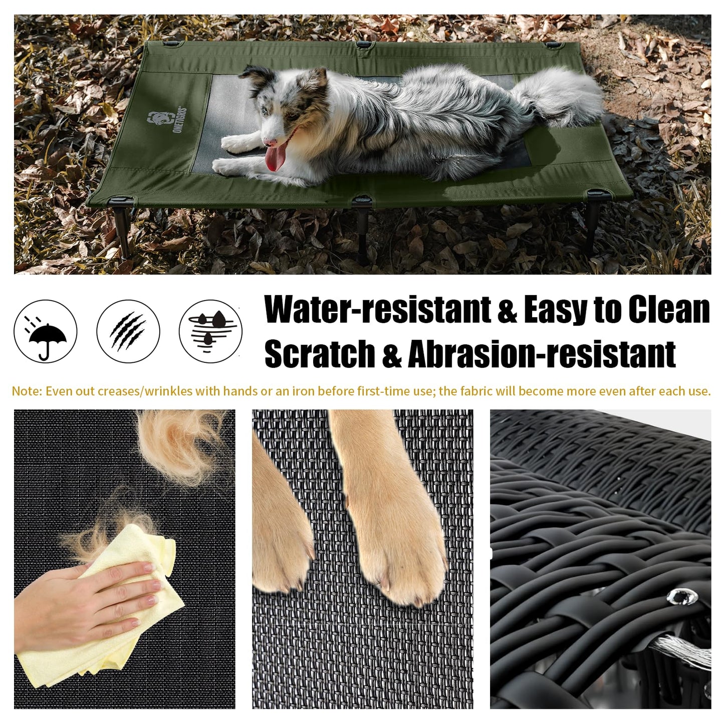 OneTigris Elevated Dog Bed, Outdoor Dog Cod Large Raised Dog Bed with Chew Proof Mesh, No-Slip Portable Dog Cot for Indoor & Outdoor Portable (Olive, Medium)