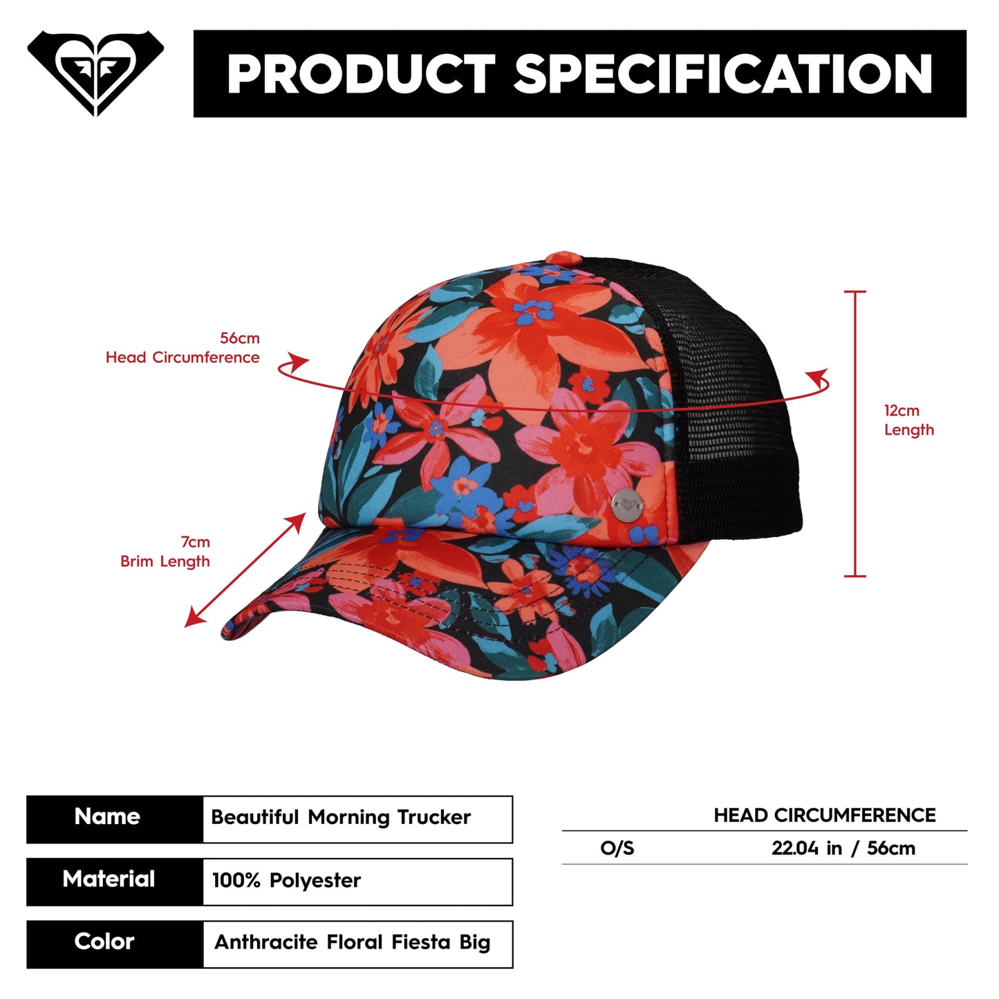 Roxy Women's Water Come Down Trucker Hat, Anthracite Floral Fiesta Big, One Size