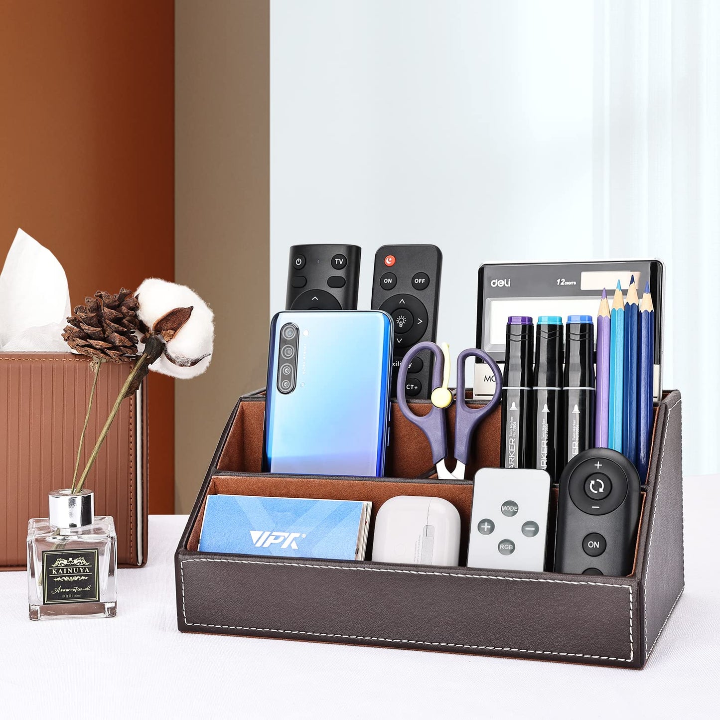 KINGFOM Leatherette Multi-Function Desk Organizer Storage Box, 5 Compartments Office Supplies Caddy, Pen/Pencil, Cell Phone, Business Name Cards, Note Paper, Remote Control Holder Organizer