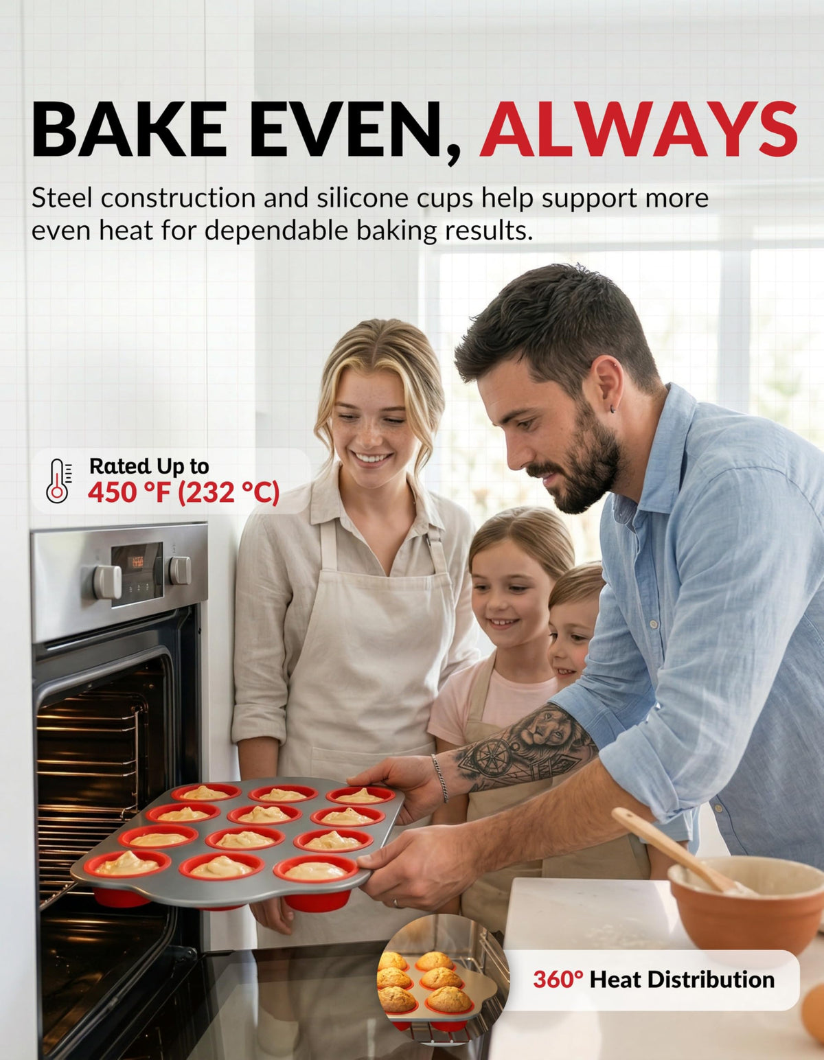 Non-Stick 12 Cup Silicone Muffin Pan with Steel Frame - BPA Free Non-Toxic Cupcake Pan with Easy-Release Textured Surface, Ergonomic Handles, Oven Freezer and Dishwasher Safe Bakeware