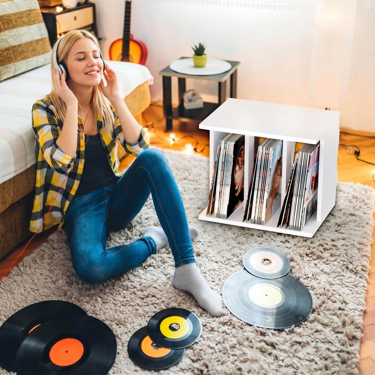 Emfogo Vinyl Record Storage, Record Player Stand Wall Mount Up to 80-100 Albums, 3-Compartment Vinyl Record Holder (White)