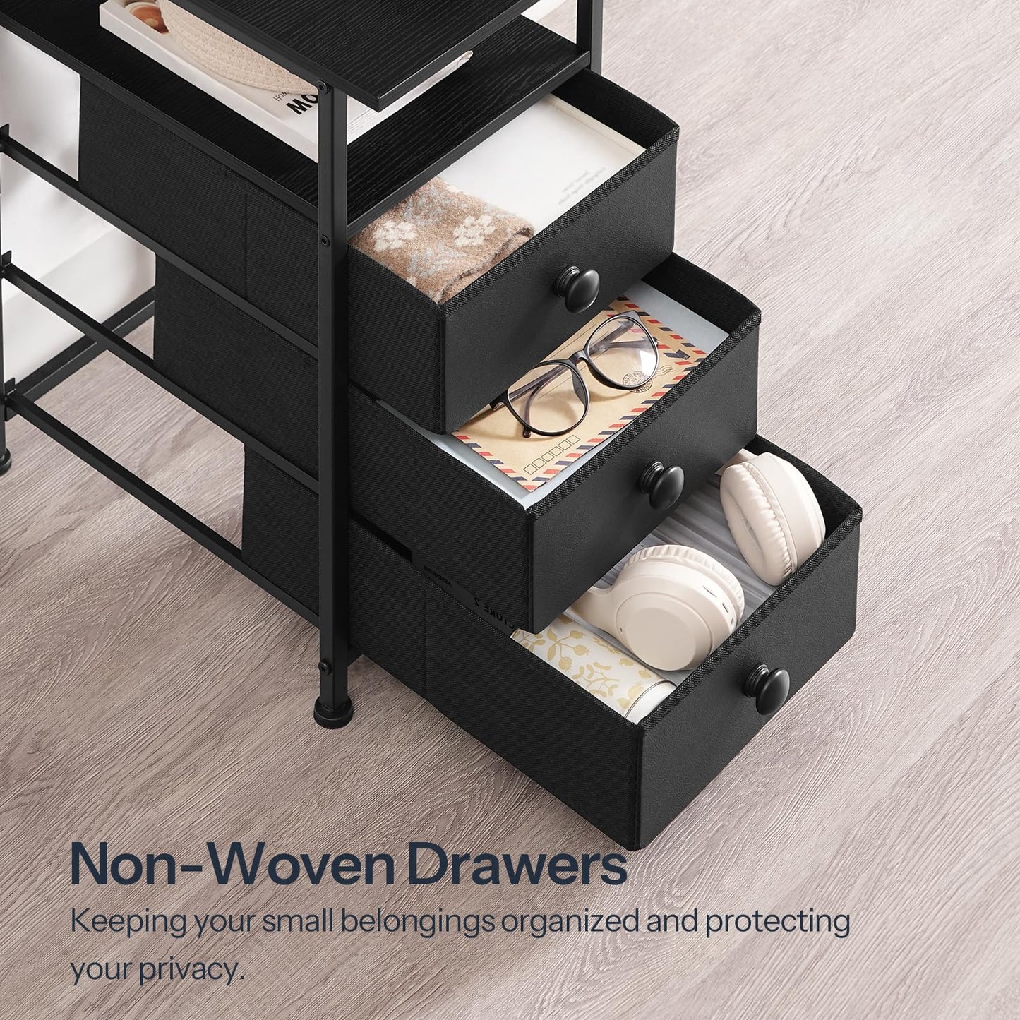 HOOBRO End Table, Narrow Side Table with Charging Station, Nightstand with 3 Non-Woven Fabric Drawers, Bedside Table for Small Spaces, for Living Room, Bedroom, Black BB483UBZ01