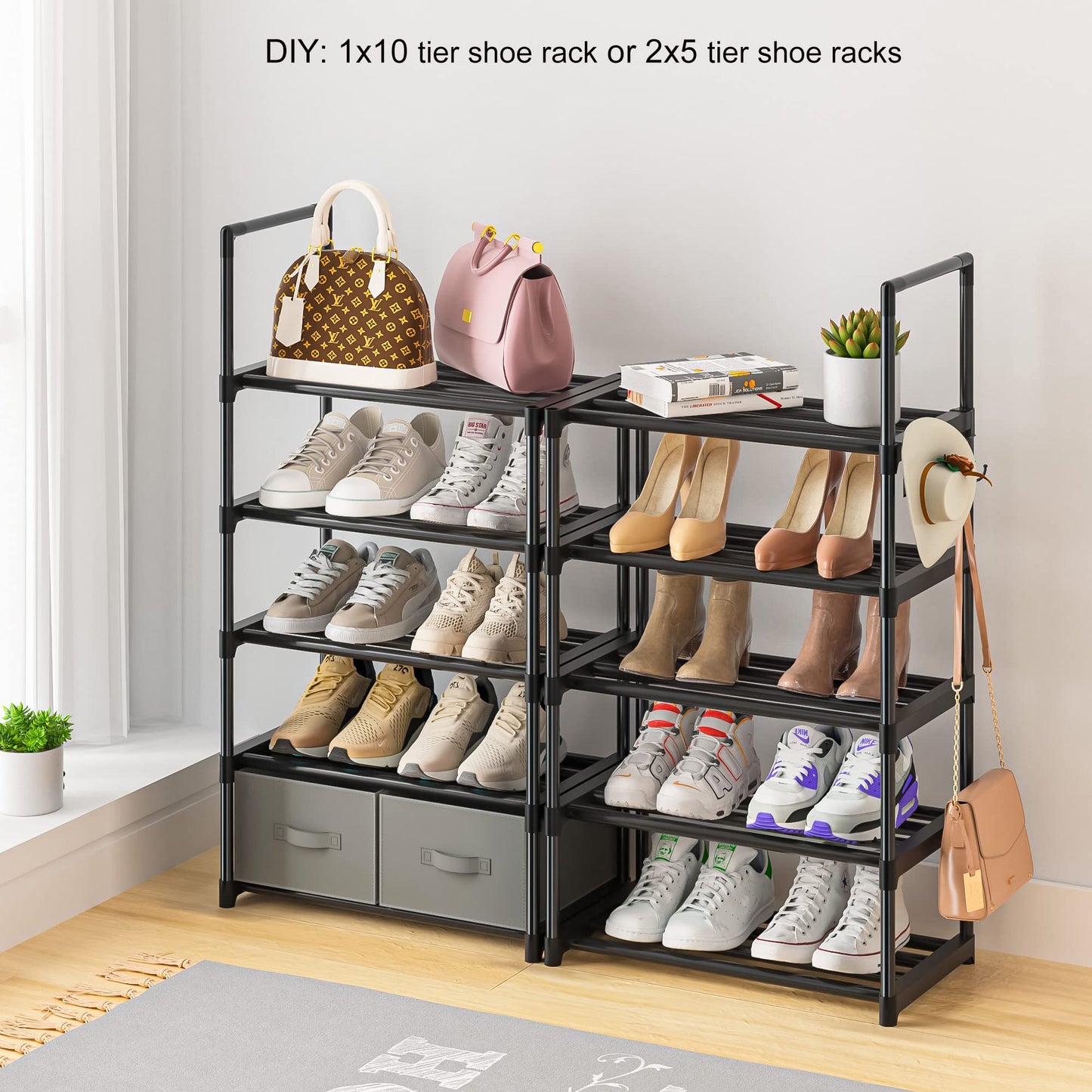 OYREL Tall Shoe Rack 10 Tier Narrow Shoes Rack 20 25 Pairs, Shoe Storage Shoe Organizer for Closet, Sturdy Metal Shoe Shelf with 2 Boxes 1 Hook