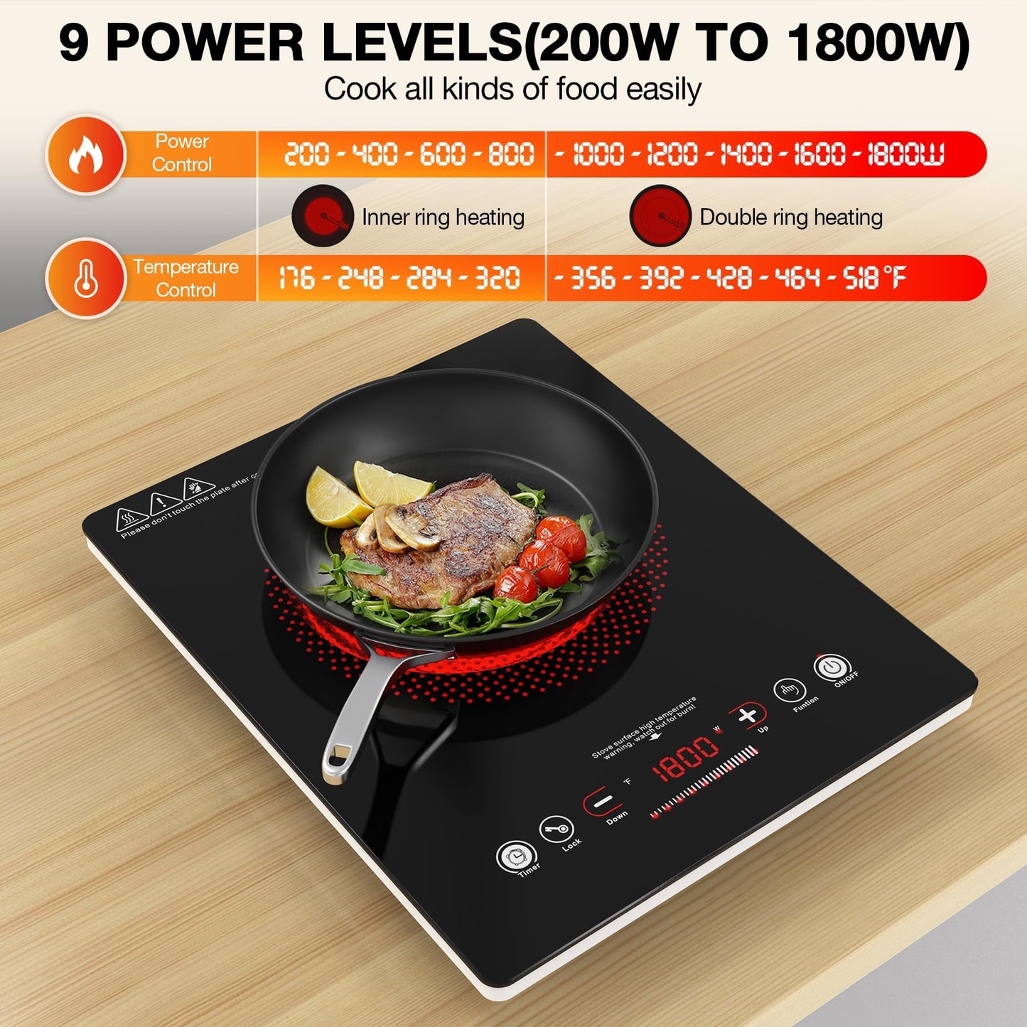 VBGK Single Burner Electric Cooktop,110V 1800W Electric Stove Top with LED Touch Control,Single burner 9 Power Levels, 4 h Timer, Safety Lock,Overheat protection