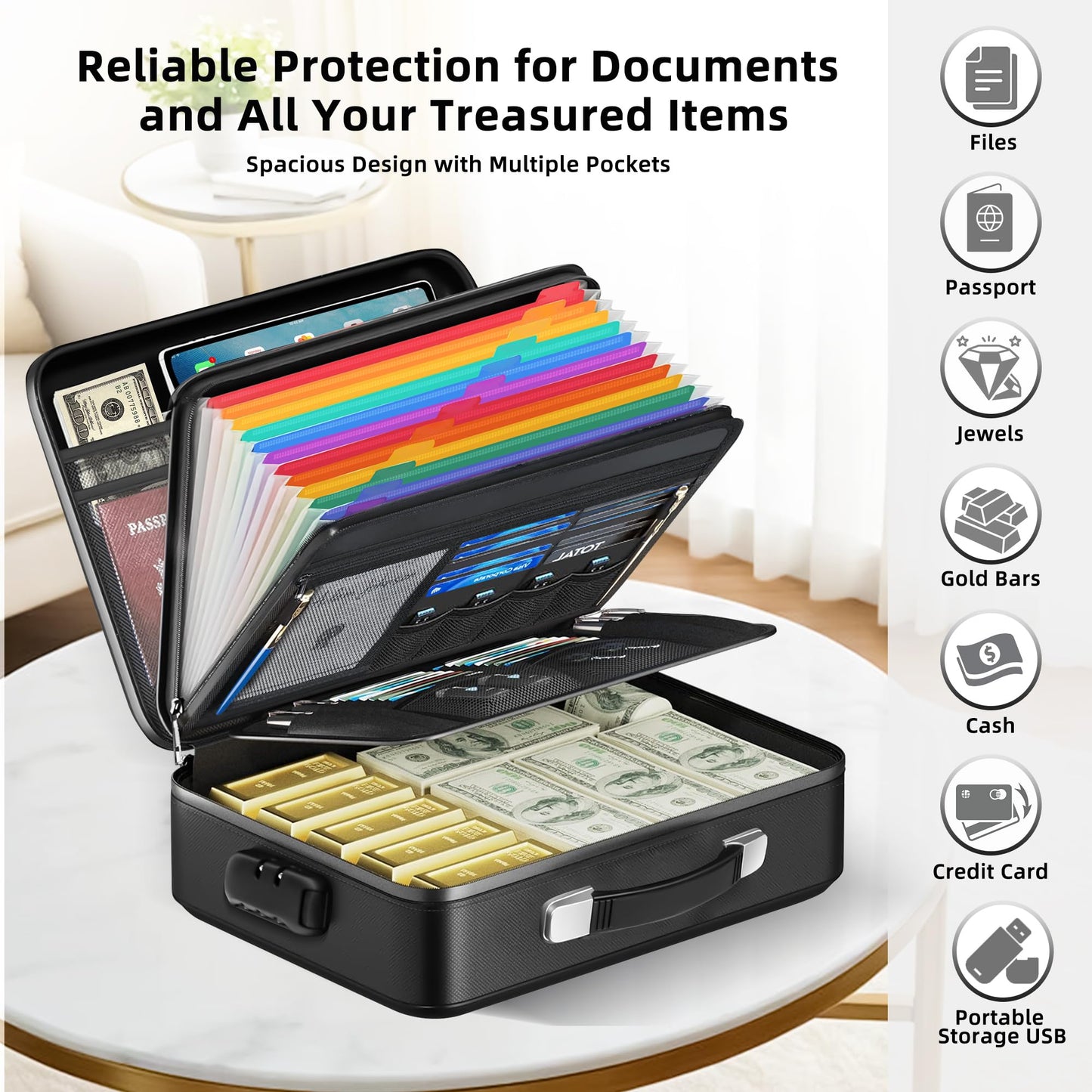 Deelhety Fireproof Document Box - 8-Layer Hard Shell Fire Proof Safe for Home Documents, Water Resistant File Organizer for Desk Money, Safety Box for Passports Certificates Laptop