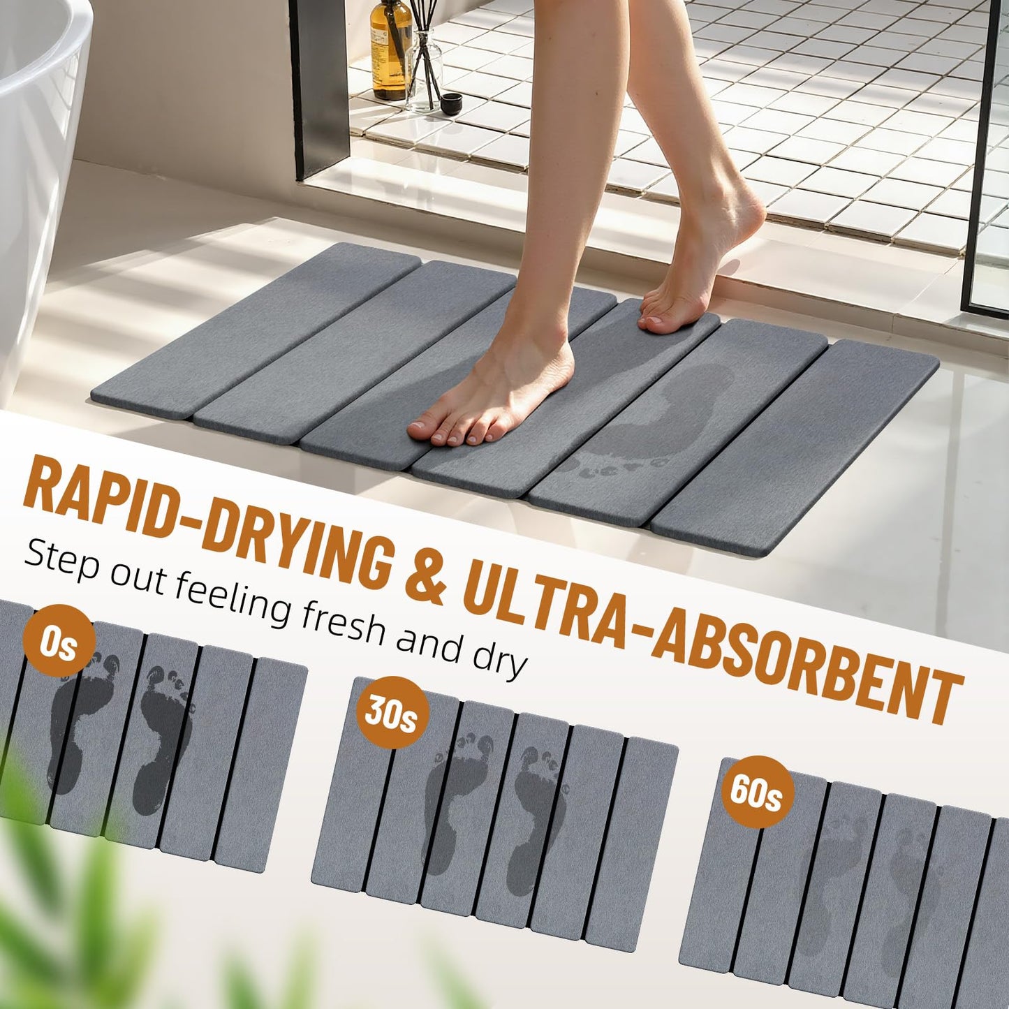 Luxspire Stone Bath Mat Foldable, Quick Drying Diatomaceous Earth Bath Mat for Bathroom, Large Bathroom Rug with Non-Slip Rubber Base, Easy Clean Shower Mat Outside Shower, 24 x 16 inch, Dark Gray
