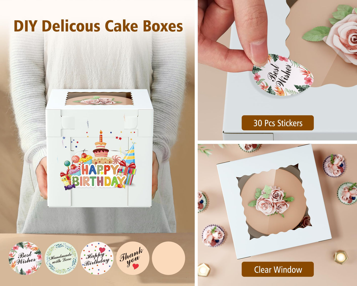 10Pcs Corrugated Cake Boxes in 2 Sizes - 12x12x12 & 10x10x10 Inch Tall Cake Box with Window, Thick Bakery Dessert Boxes, Disposable Cardboard Cake Carrier for Layer Cakes, Birthday, Wedding, Party