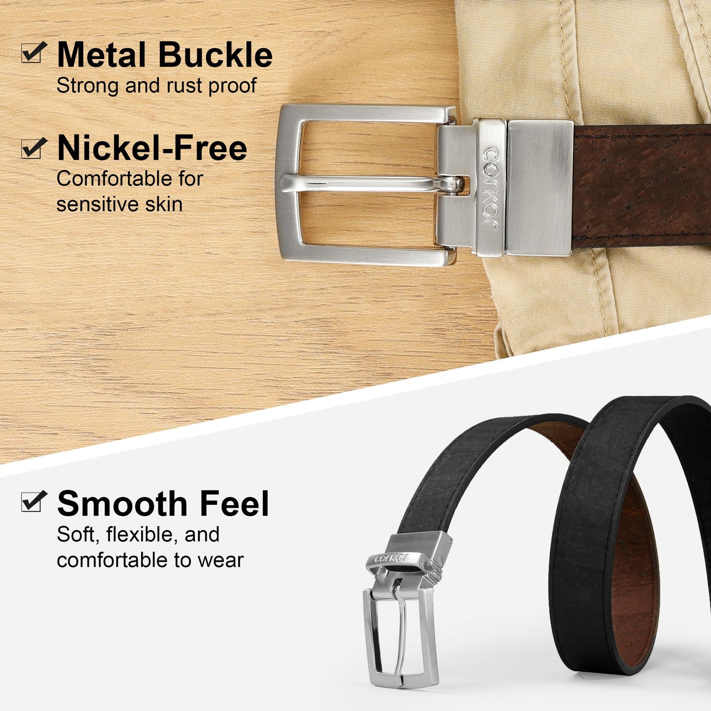 Corkor Reversible Men's Cork Belt - Vegan Leather Dress Belts – Men Belt - Cruelty Free Eco Friendly Brown Black 30mm Wide, Brown Or Black, 38" - (Fits waist 35-38") - L