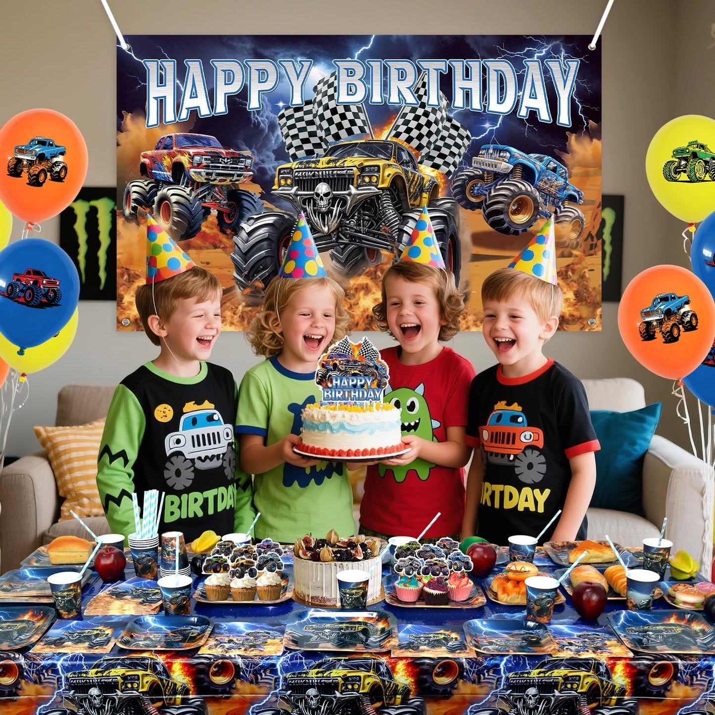 Obussgar Monster Truck Birthday Party Decorations - Monster Truck Party Supplies including Backdrop, Plate, Cake Topper, Cup, Napkin, Balloon, Tablecloth - Serves 20 (BJ)