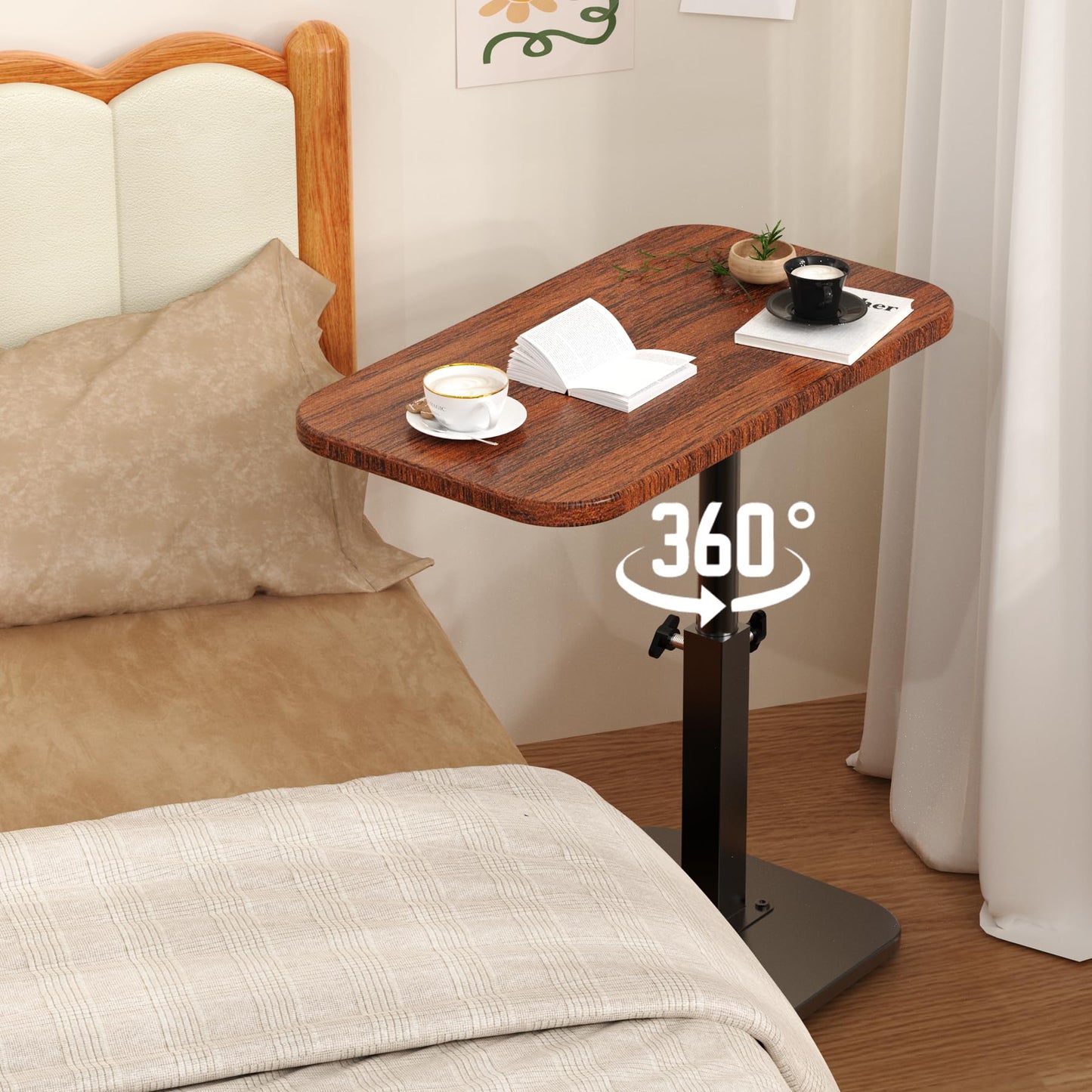 Botion Adjustable Height C-Shaped Table, 360° Swivel TV Tray, Small Side Table for Couch, Bedside and Living Room, Couch Table with Metal Pillar(Brown)