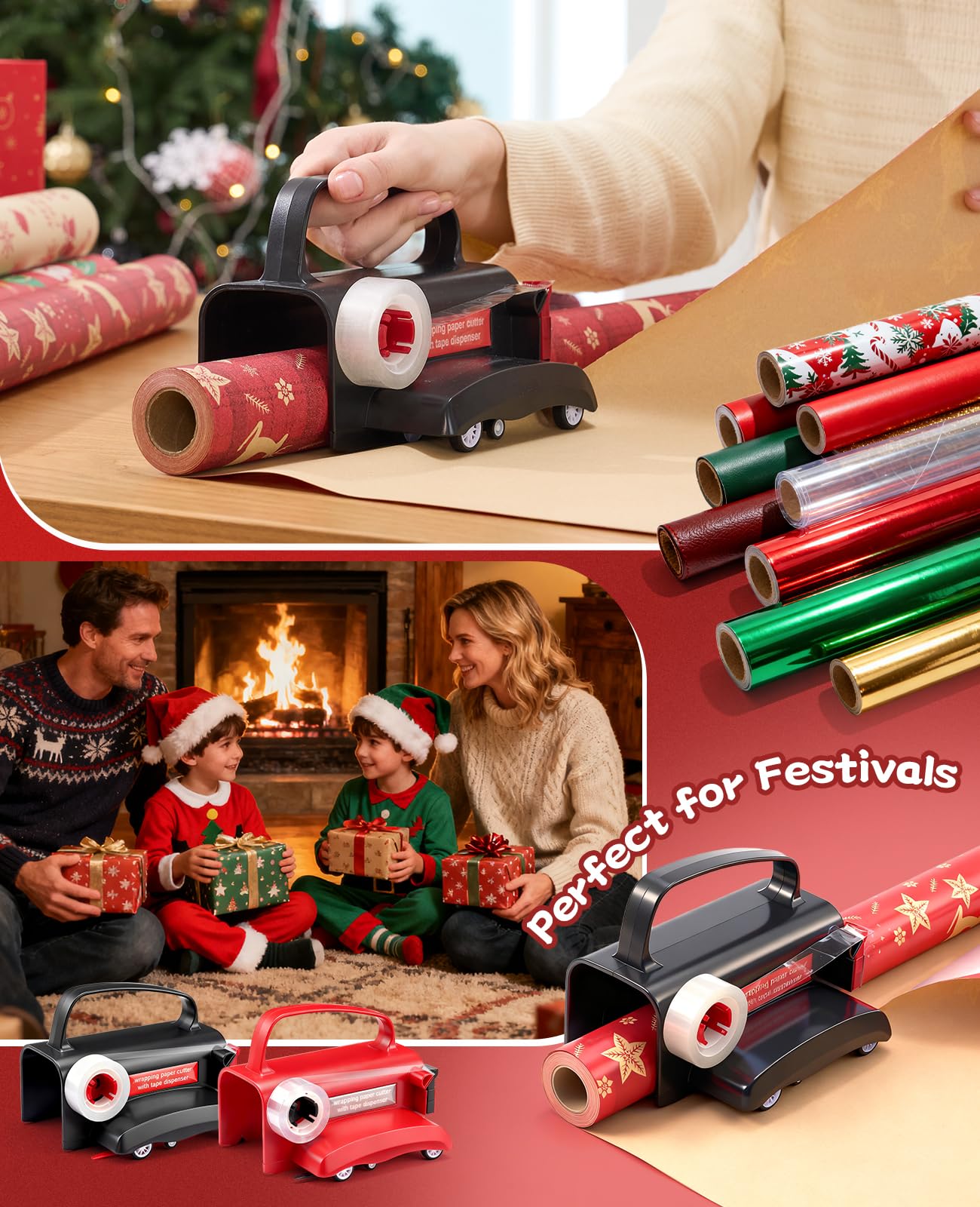 Upgrade 2 Pack Wrapping Paper Cutter with Tape Dispenser, Gift Wrap Cutter Tool with Wheels, 2 Replace Blades & 4 Tapes Kit for Christmas Paper Rolls Wrapping, Safe & Efficient for Precise Cutting