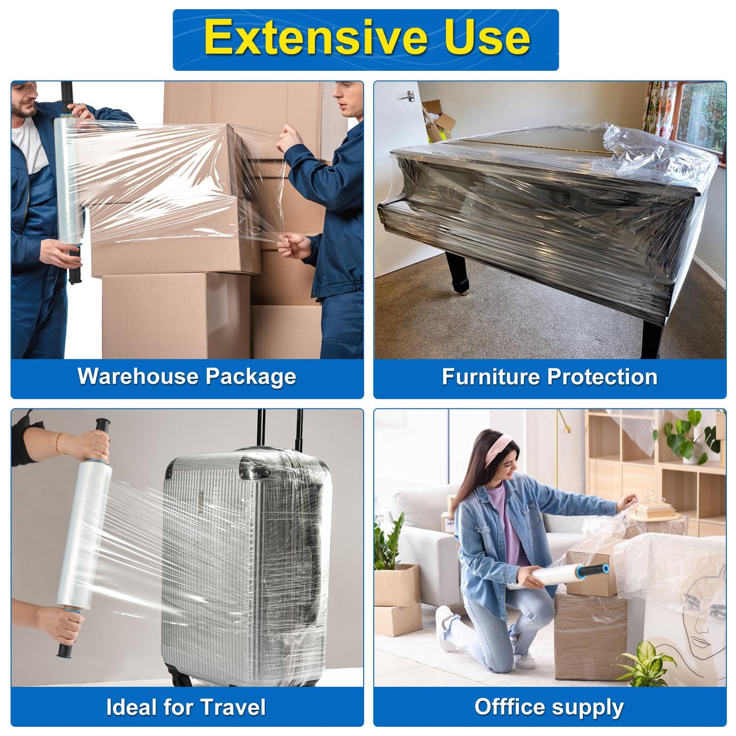 Packpal Shrink Wrap 4 Rolls (6000FT Total), Clear Stretch Film Wrap with Handles for Home Moving, Furniture, Warehouse Pallet, Storage 15 Inch x 1000FT