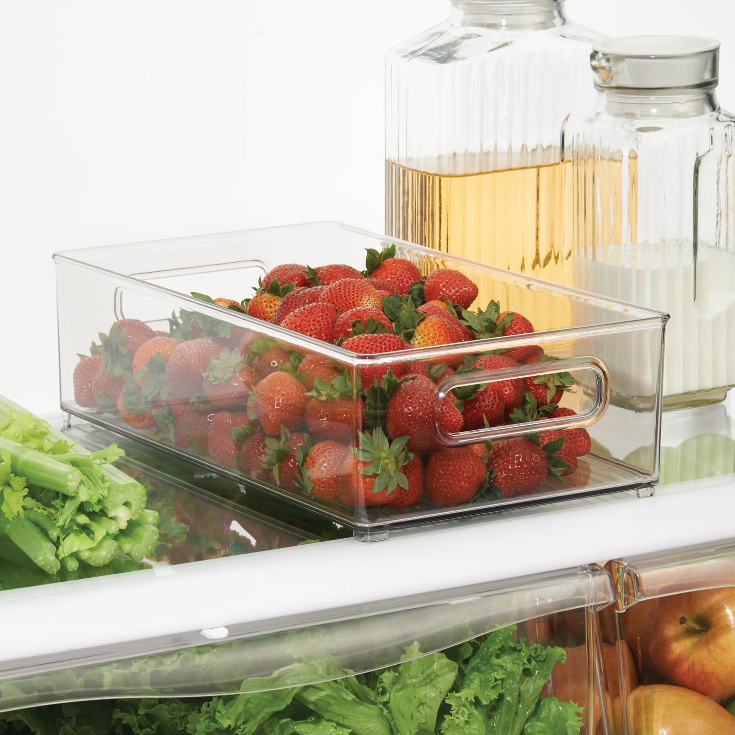 iDesign Plastic Refrigerator and Freezer Storage Bin with Lid, BPA- Free Organizer for Kitchen, Garage, Basement, 8" x 4" x 14.5", Set of 3, Clear
