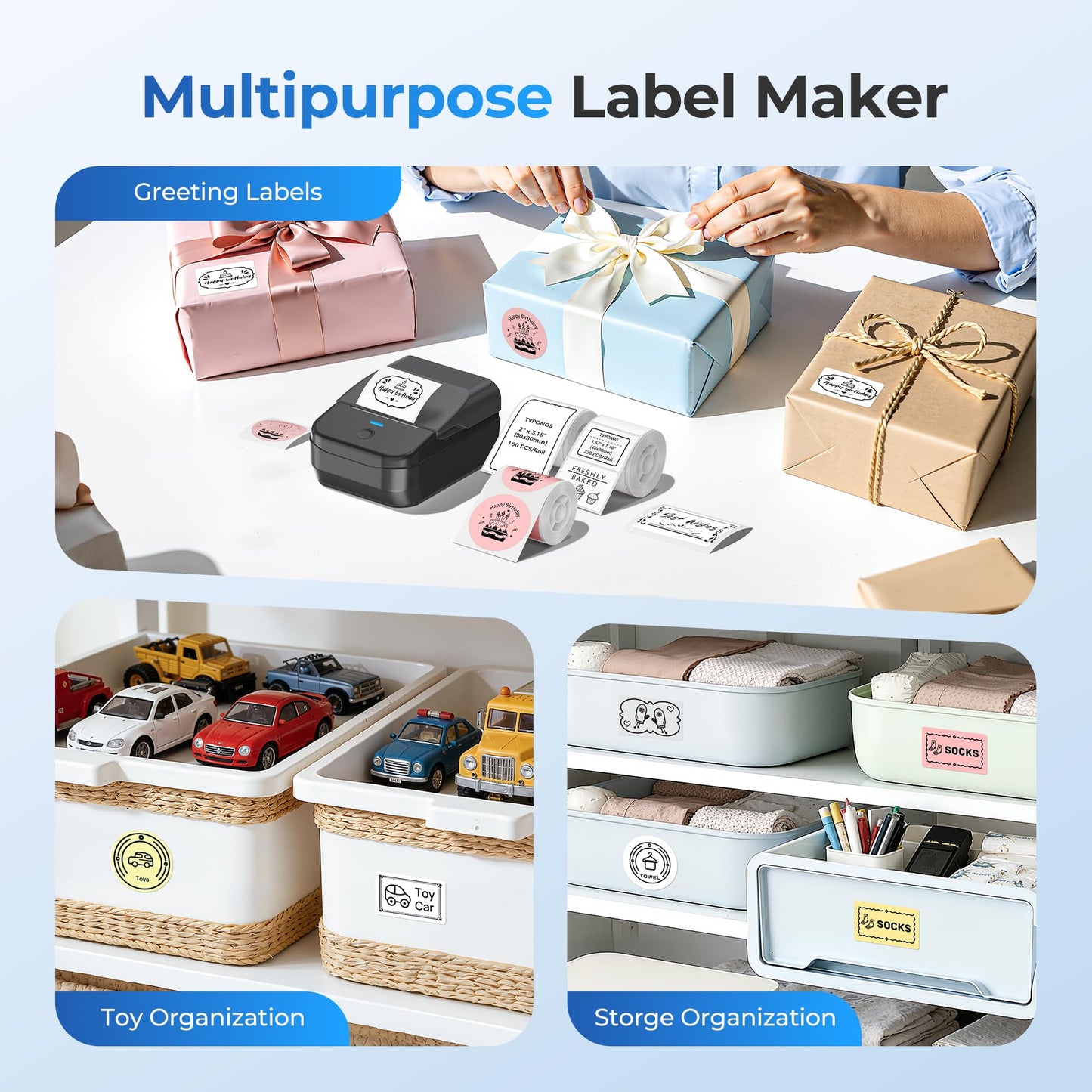TYPONOS PM240 Label Maker Machine with 3 Tapes, 2" Portable Thermal Label Printer for Phone & PC, Bluetooth Label Maker with Multiple Templates for Small Business, Office, Home, School, Set 1