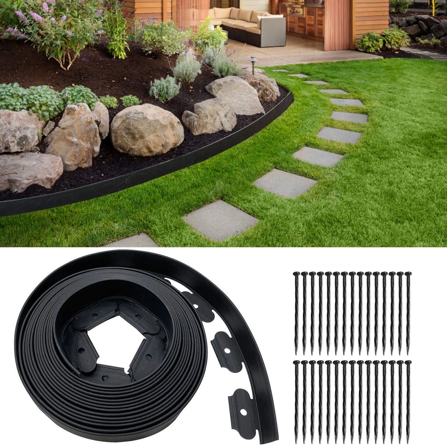 Garden Edging 33FT, 2IN Tall Landscape Edging Borders, Flexible Lawn Edging Kit Plastic Garden Edge Roll with 30pcs Spikes for Flower Beds Surrounds, Paver Edging, Grass, Yard, Black