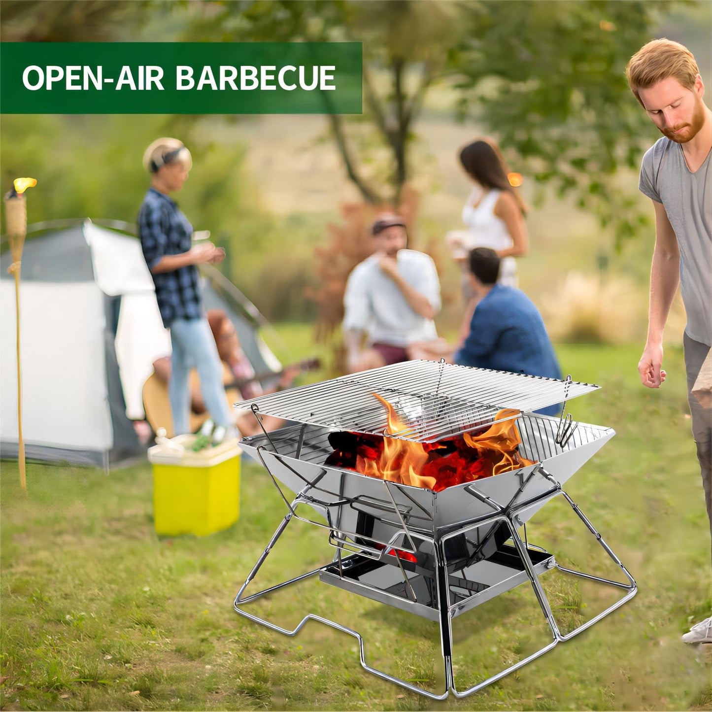 Collapsible Stainless Steel Fire Pit -OZHOMY Portable 304 Stainless Steel Grill Campfire Pit Liftable Wood Burning Charcoal Grill with Ashtray for Camping Picnics Backpacking Backyard Garden (Large)