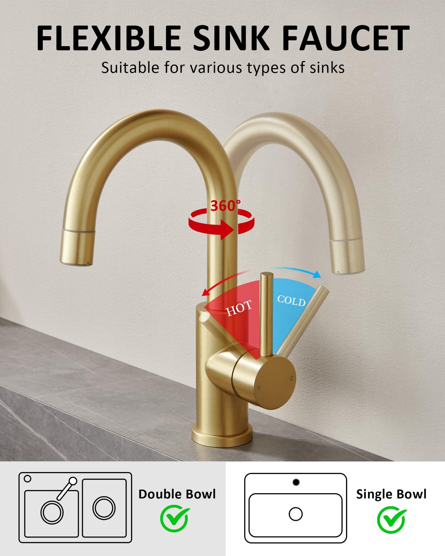 Tohlar Gold Bathroom Faucet, Brushed Gold Bathroom Sink Faucet with Sprayer, RV Vanity Small Kitchen Faucet with 360° Rotation Spout, Single Hole Bar Sink Faucet with Pop Up Drain, 24” Supply Hoses