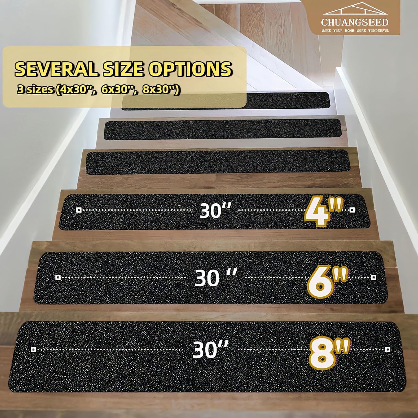 CHUANGSEED 12-Pack Stair Non-Slip Tape 8''x30'' Anti Slip Tape Heavy Duty Black Anti-Slip Outdoor treads Grip Tape High Traction Adhesive Treads Suitable for Most Slippery Surfaces