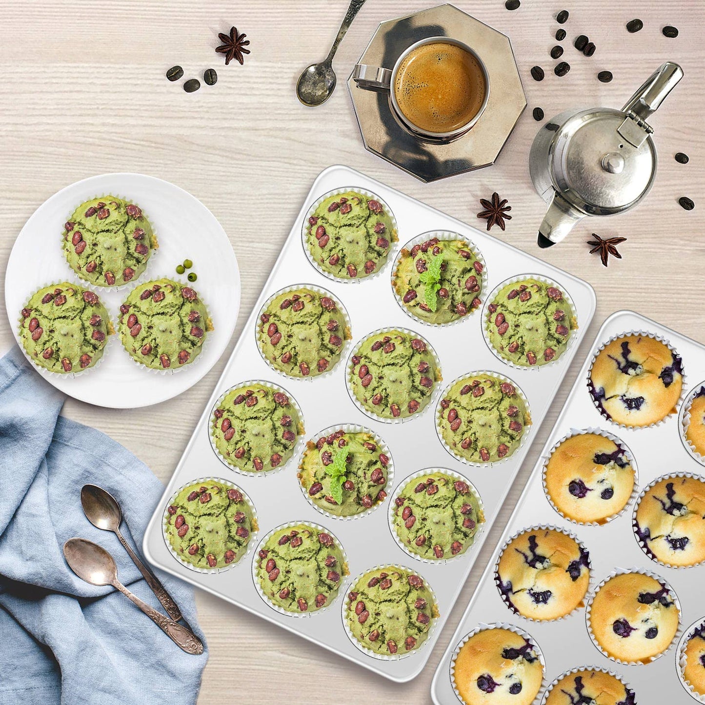Muffin Pan Cupcake Baking Pan Set of 2, P&P CHEF 12 Cups Muffin Tin Tray, Stainless Steel Muffin Pans for Baking Mini Cake Tart Quiche, Oven & Dishwasher Safe, Non-Toxic & Heavy-Duty