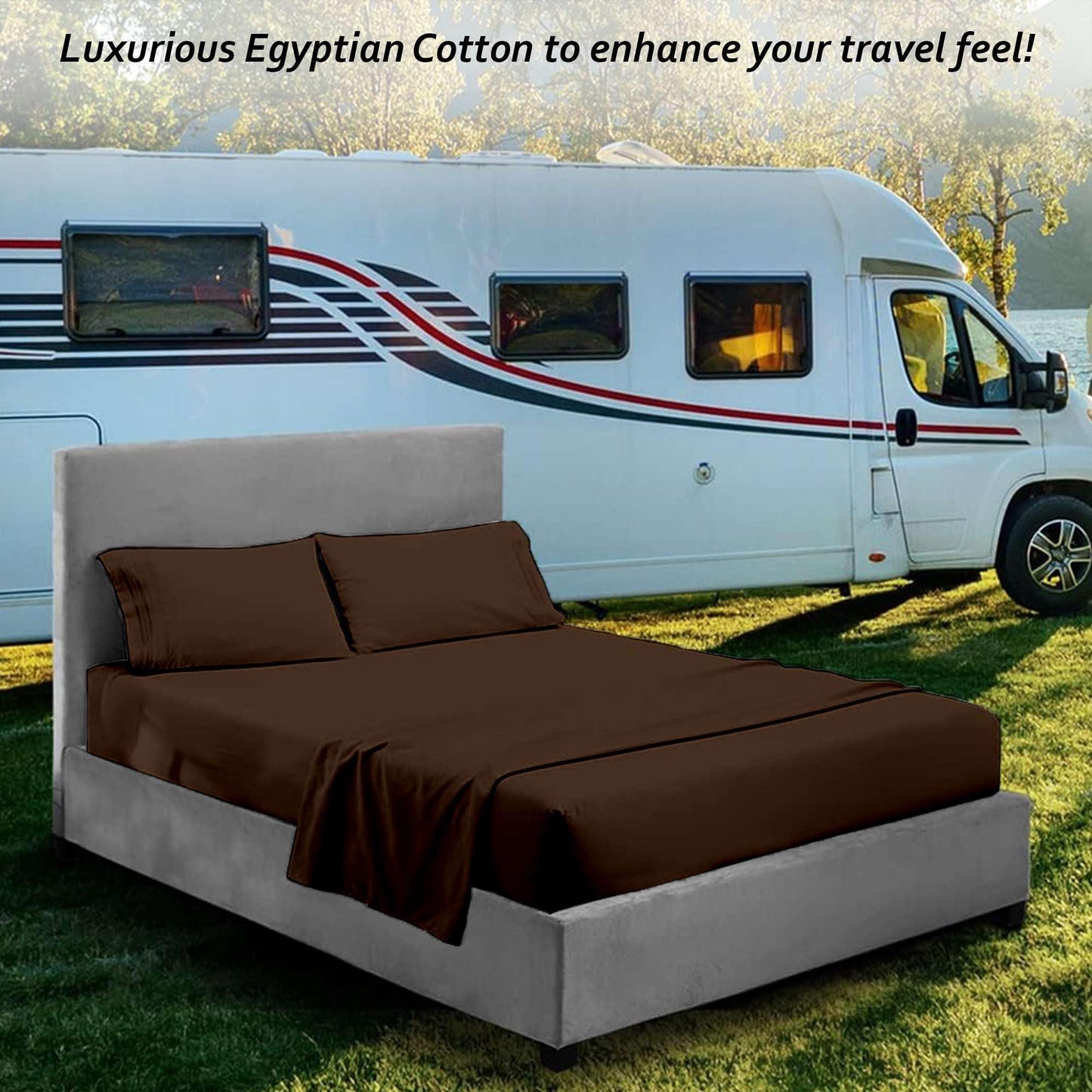 RV Mattress SHORT QUEEN SHEET SET - (60x75) Solid Chocolate 400 Thread Count Egyptian Cotton -Made Specifically for RV, Camper & Motorhomes