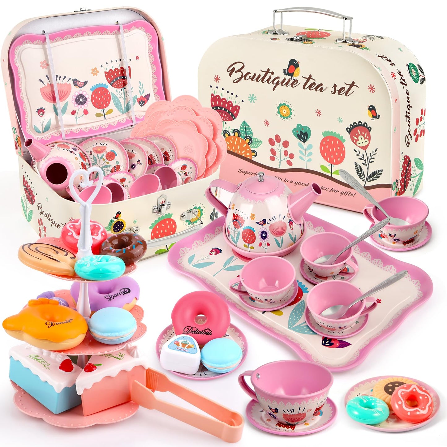 Flower Tea Set for Little Girls, Birthday Gift for Age 3 4 5 6 Year Old, Toddler Toys Tea Party Set for Little Girls, Princess Kids Kitchen Pretend Toy with Tin Tea Set, Desserts & Carrying Case