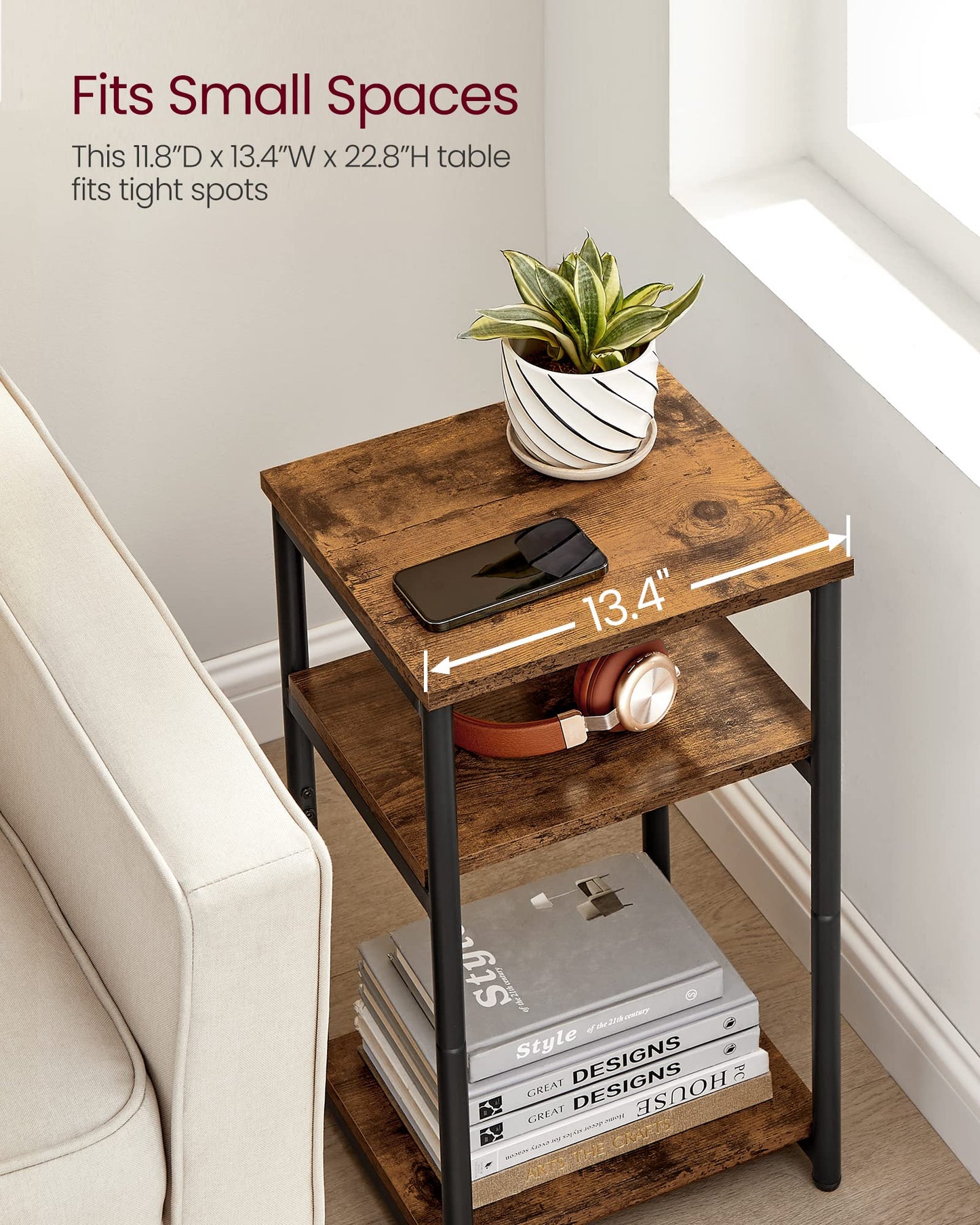 VASAGLE Side Table, End Table with Storage Shelves, 3-Tier Slim Tall Table, Rustic Brown ULET273B01