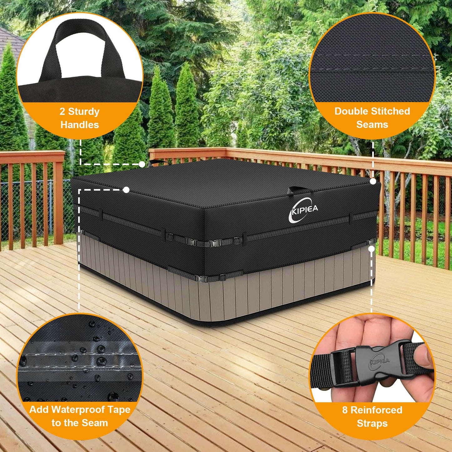 Kipiea 600D Outdoor Waterproof Square Hot Tub Cover Protector, Heavy Duty Polyester SPA Cover UV Protection Cover 76" L x 76" W x 20" H, Black