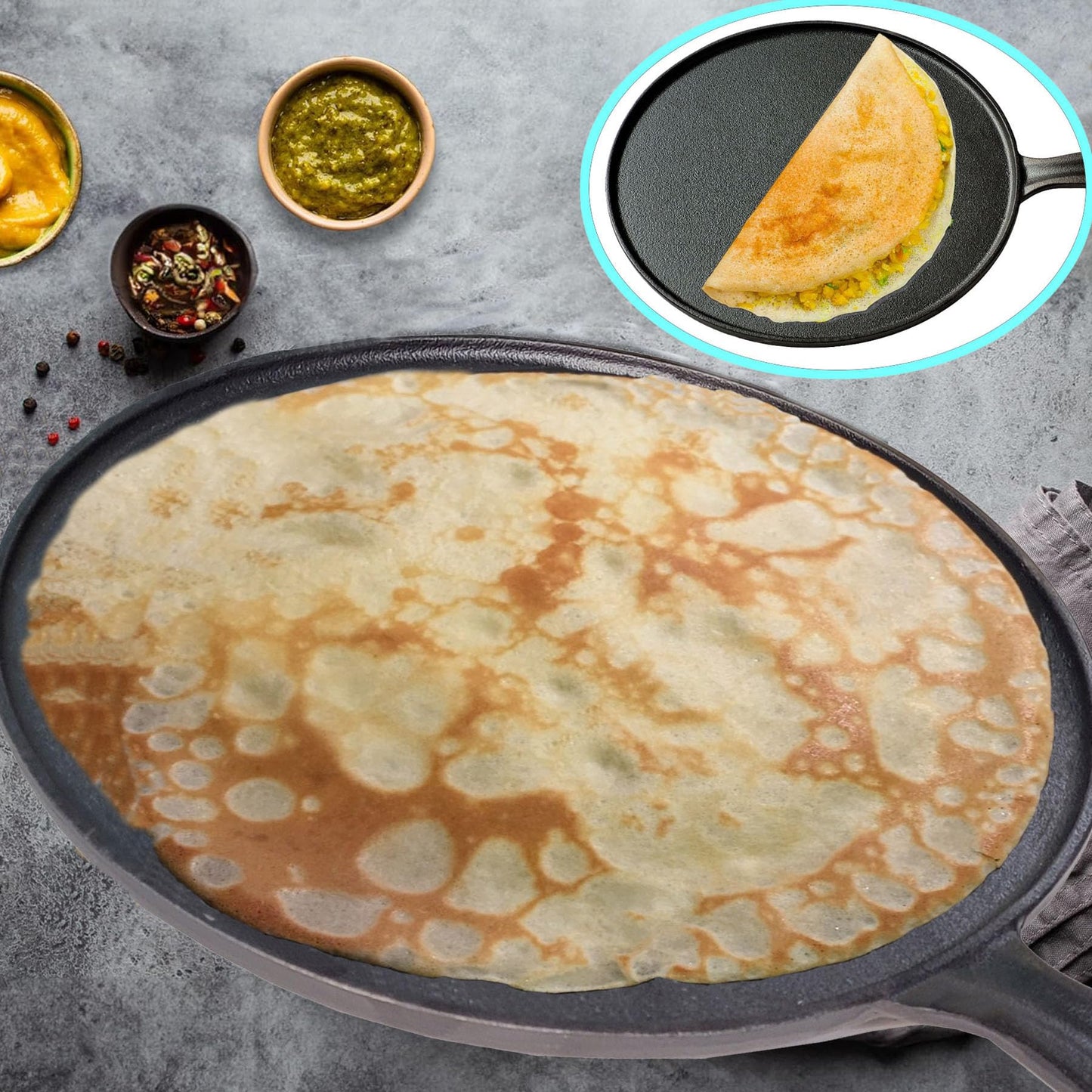La Cuisine Crepe Tawa Pan for Roti Dosa Comale – Griddle Pizza Pan Pre-Seasoned Cast Iron, 11 Inch Diameter, PFOA Free, Oven Safe, Glasstop Induction Stove