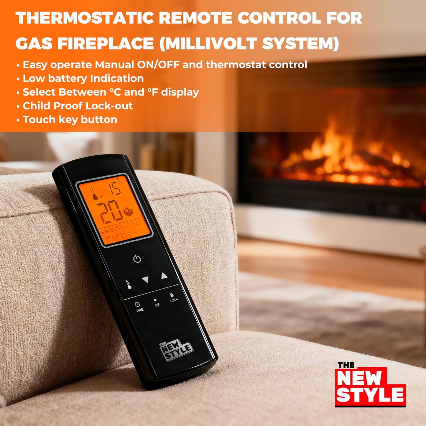Fireplace Remote Control Kit,Thermostat, On/Off Remote Control, Timer, LCD Screen, Touch Key Buttons for Millivolt Valve System, Replace for skytech 1420-A, 1420TH-A, 1001-A, 1001TH-A and More.