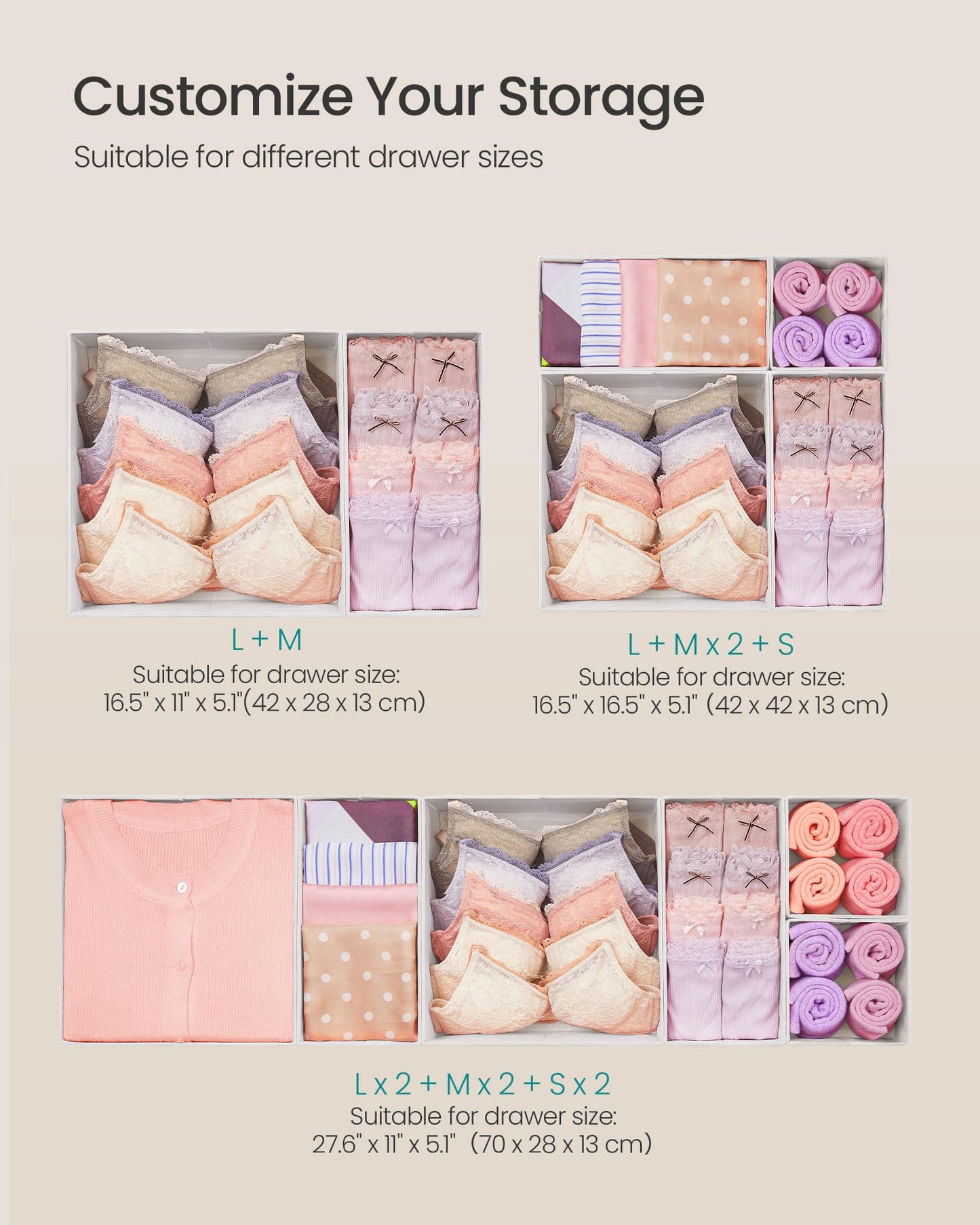SONGMICS Drawer Organizer,Dresser Drawer Organizers, Set of 12, Foldable Fabric Storage Bins for Socks, Underwear, Bras, Ties, Scarves, Cloud White URDZ006W02