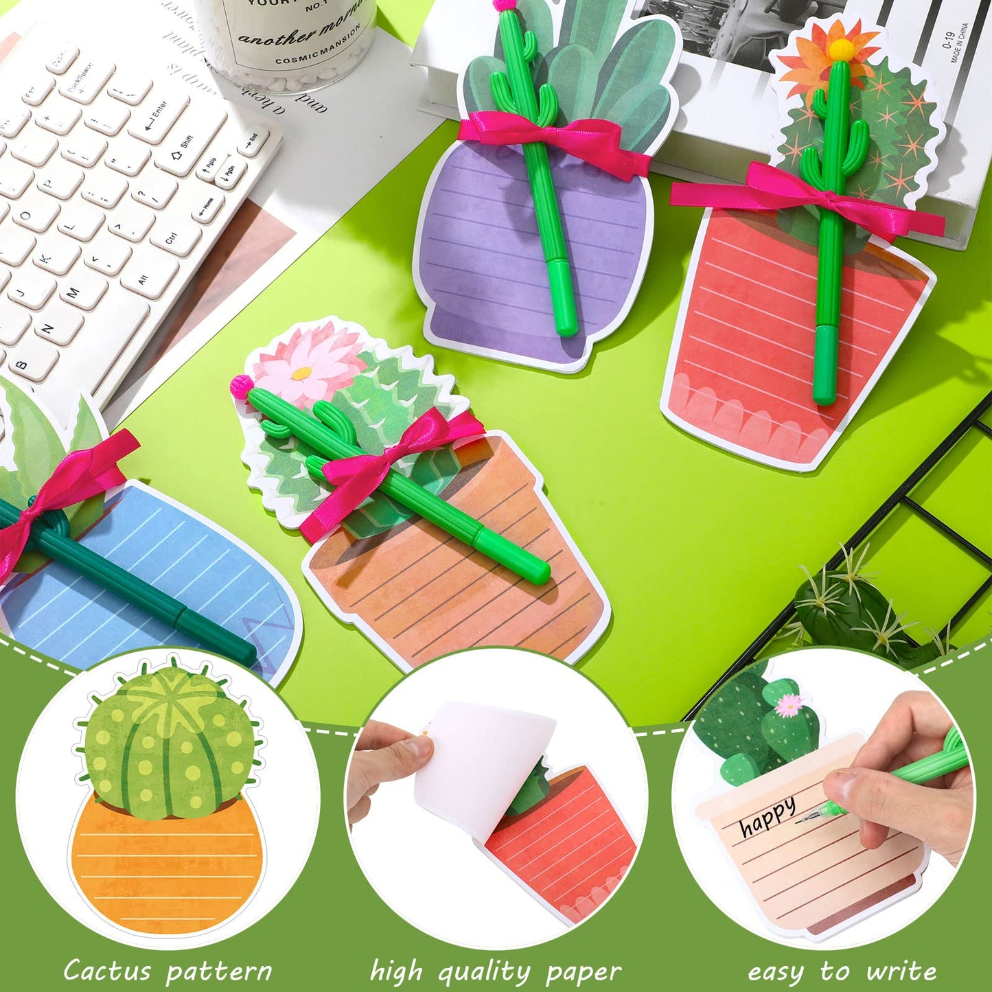 24 Pcs Cactus Sticky Notes with Cactus Pen Sets Cute Notepads Gifts Cacti Notepads Succulent Pen Self Adhesive Note Pads for Xmas School Supply