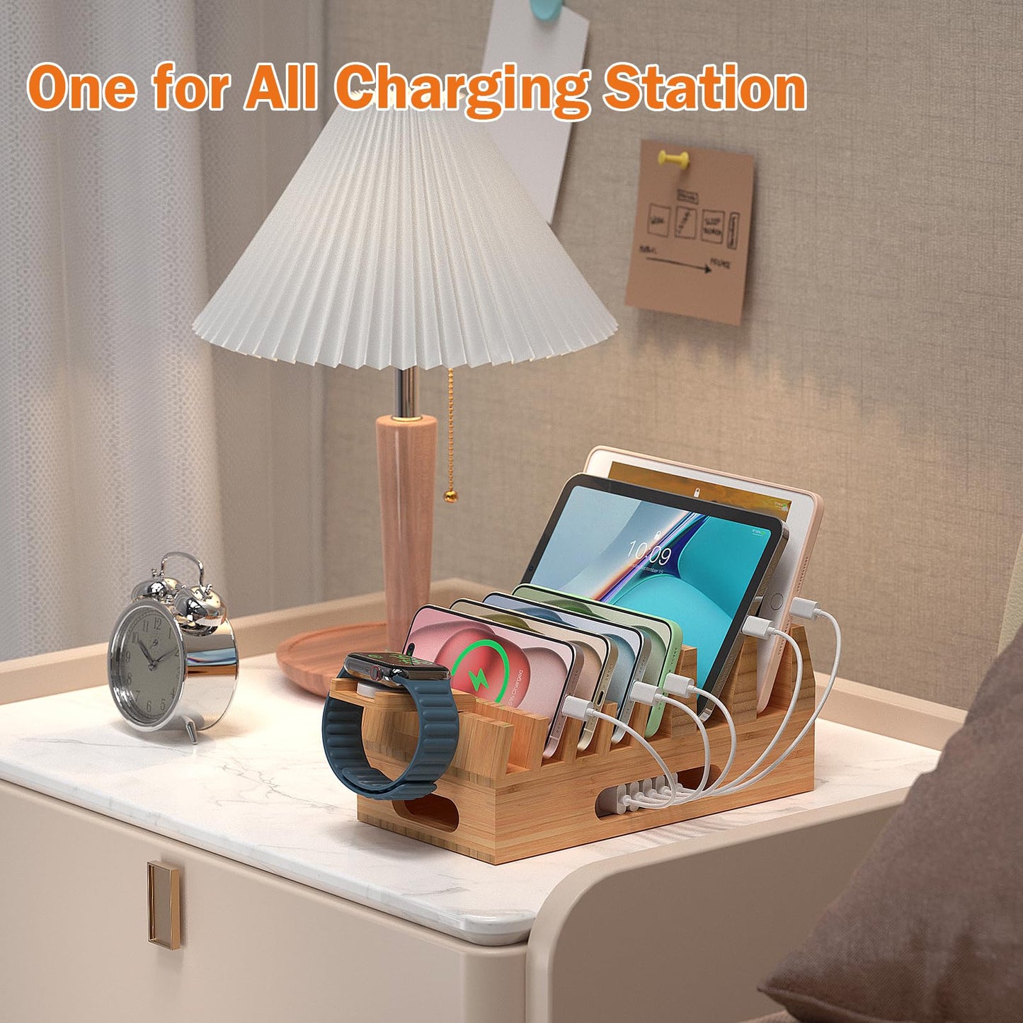 Pezin & Hulin Bamboo Charging Station Holder with 5 Port USB Charger, Watch Stand, Wood Dock Stand Organizer for Multiple Devices, Phones, Tablets, Laptop