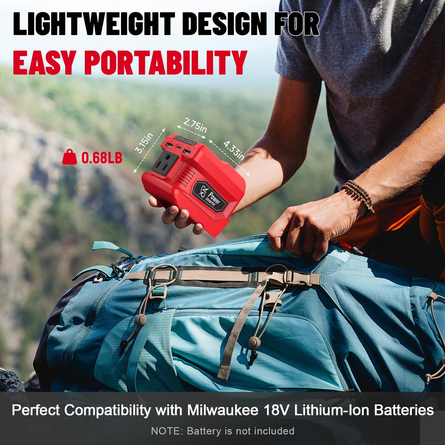 220W Azocek Power Inverter Compatible with Milwaukee 18V Battery(Battery not Included), DC 18V to AC 110V Power Inverter with 1 AC Outlet, 2 USB Ports & 1 Type-C Fast Charging, 400LM LED Work Light