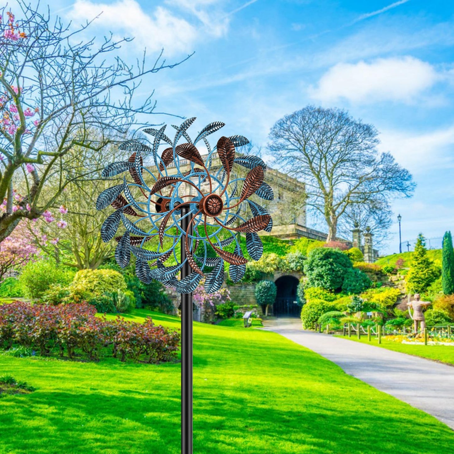 360° Wind Spinners Outdoor, Wind Sculptures Windmill with Metal Stake, Kinetic Large Metal Yard Art Decor Spinners Pinwheels for Garden Outside Patio Lawn, 63.2 * 13.2" (Blue+Brown)