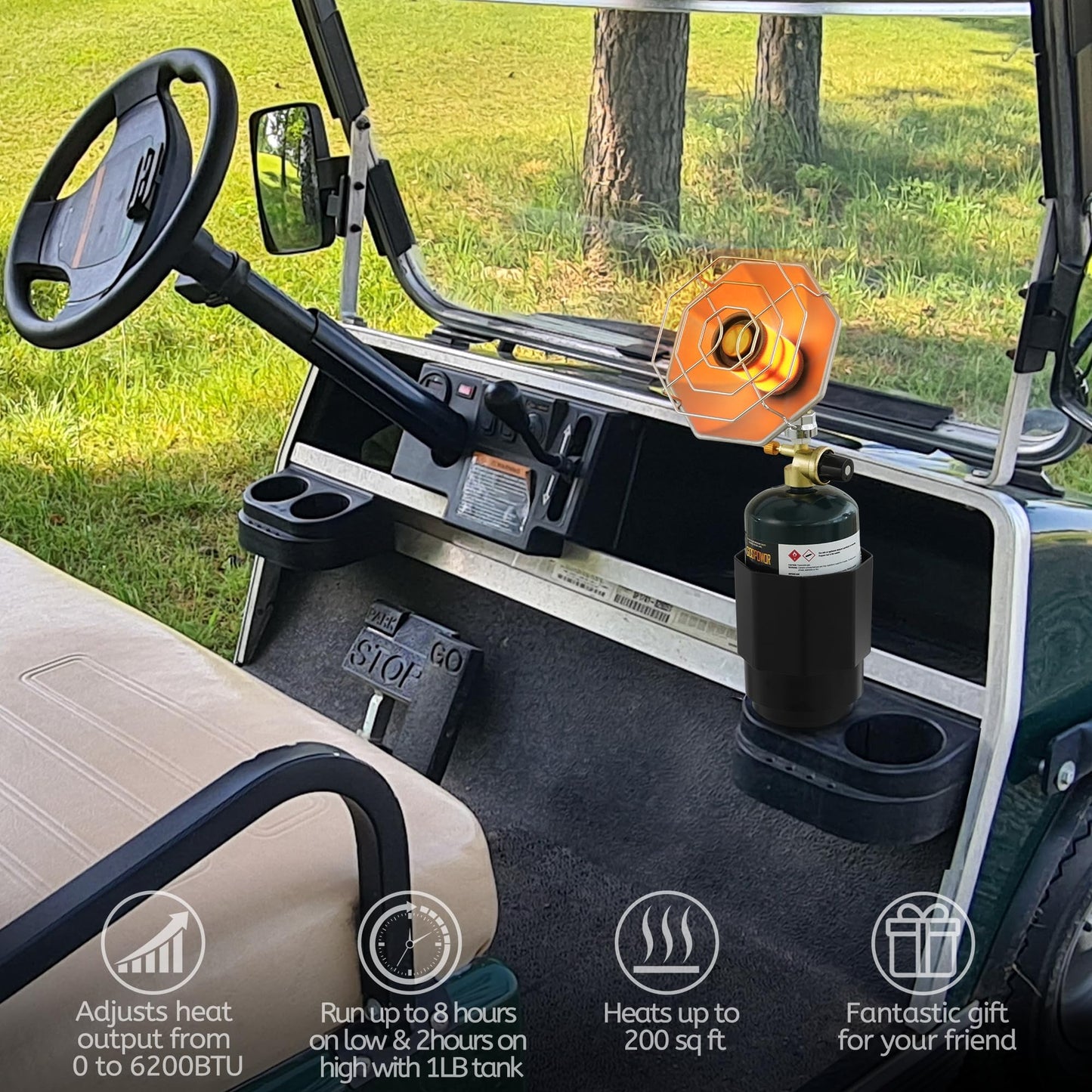 Propane Golf Cart Heater 6200BTU, Propane Heater with Golf Cart Cup Holder, Camping, Patio, Hiking, RV Travel (Fuel not included)
