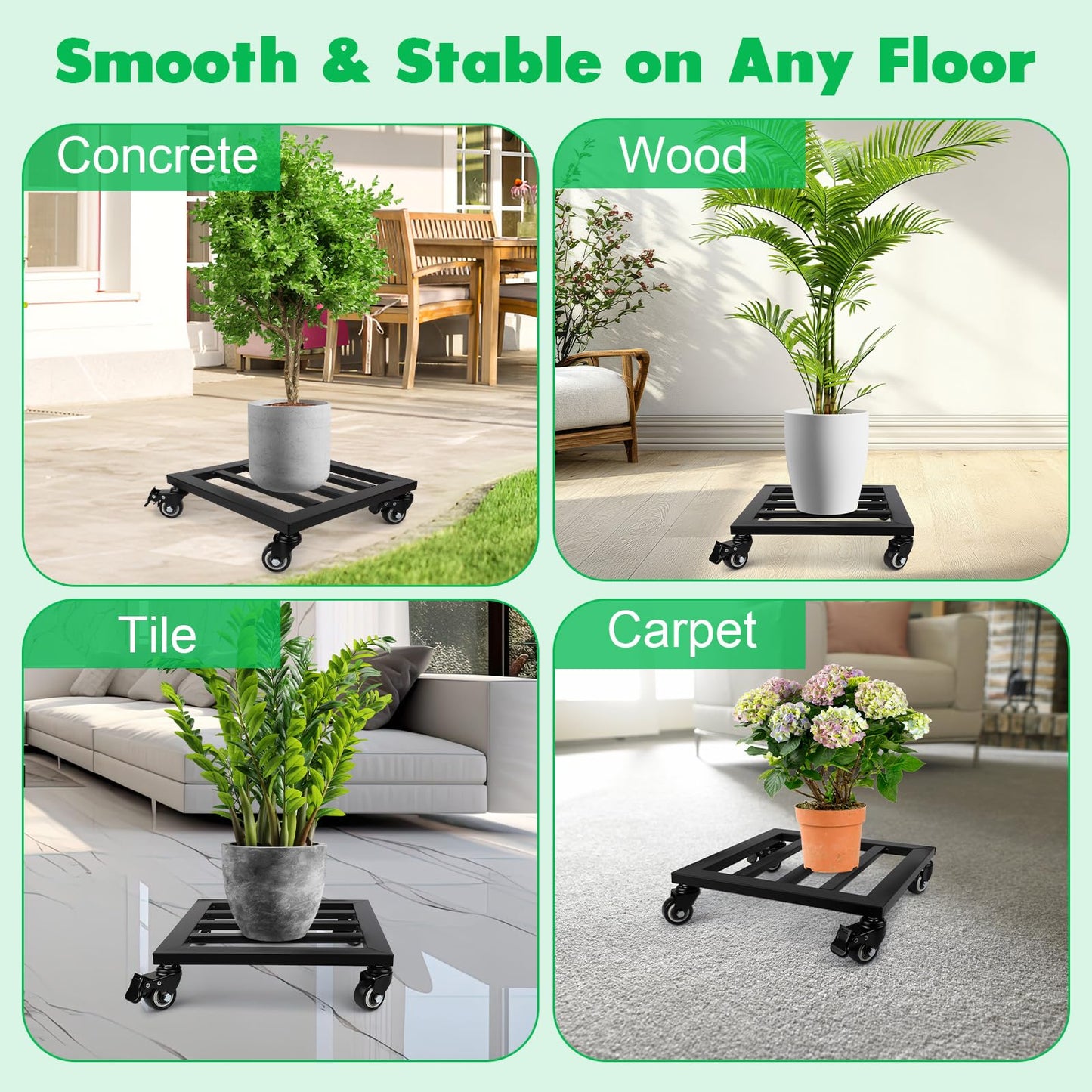 Heavy Duty Plant Caddy with Wheels, 12"x12" Rolling Plant Stand with Lockable Casters, 2-Pack Plant Rollers for Large Pots, Rust-Resistant Metal Plant Stand with Wheels, 240 lbs Load Capacity