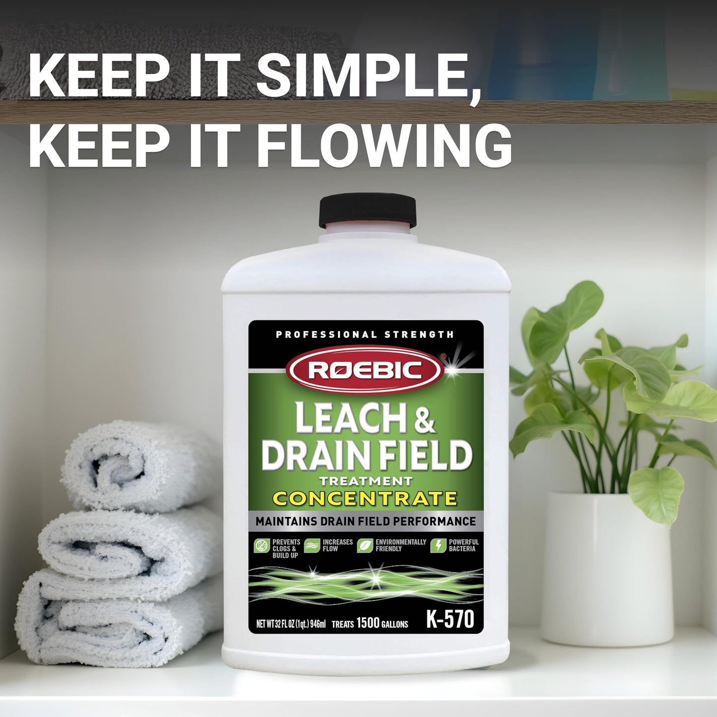 Roebic K-570-Q Biodegradable Leach and Drain Field Treatment Concentrate Environmentally Friendly Bacteria Enzymes Treat Septic Clogs & Buildup, 32 Ounces