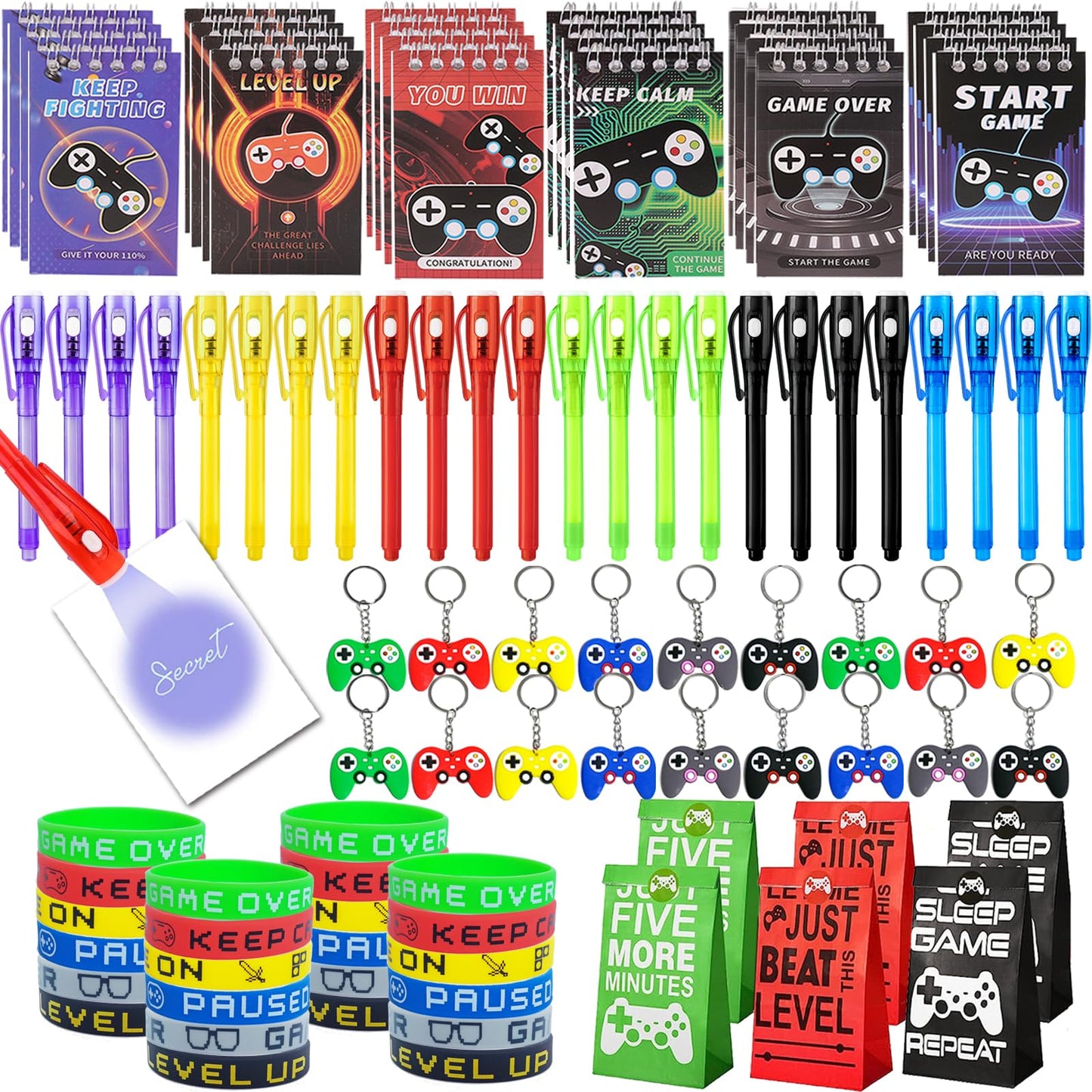 EODVICS 120 Pcs Video Game Party Favors Party Supplies Invisible Ink Pen Notebook Silicone Bracelet Gift Paper Bag Video Game Controller Keychain Birthday Supplies for Kids Gamer Party Favors