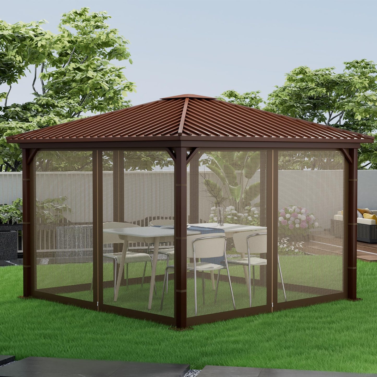 Mosquito Net Screen Walls for Outdoor Gazebo Canopy, 4-Panel with Zipper, Patio Tent Netting (Brown, 10 * 10 FT)