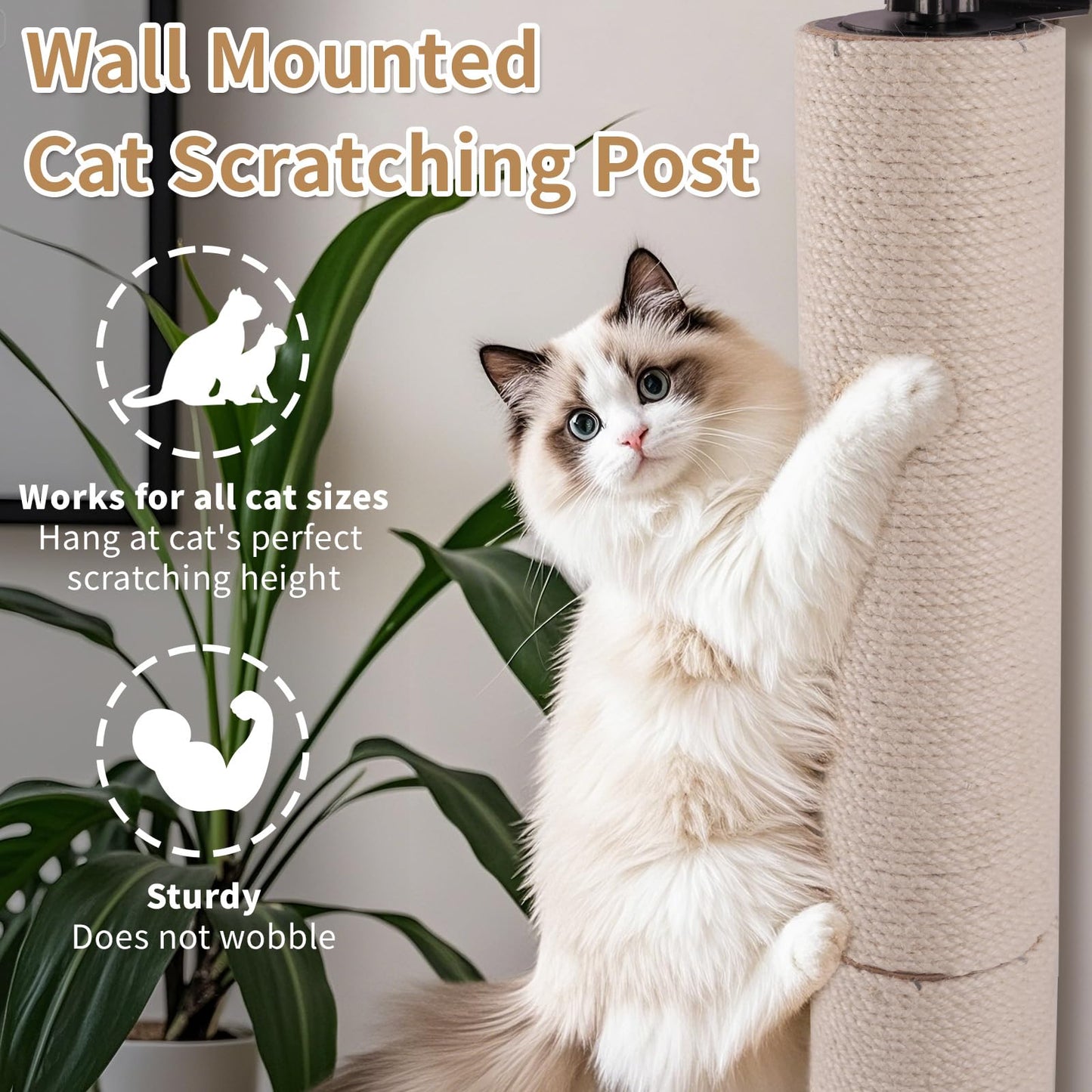 Cat Scratching Post Wall Mounted, 24 inch Tall 3.5 inch Diameter Cat Tree Scratch Post, Hemp Rope Scratcher Posts for Indoor Kittens and Large Cats with Screws