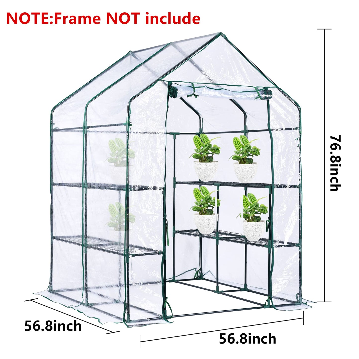 56 x 56 x 76 in Walk-in Greenhouse Replacement Cover with Roll-Up Zipper Door - PVC Greenhouse Cover for Outdoor Plant Gardening Plants Cold Frost Protection Wind Rain Proof (Frame Not Include)