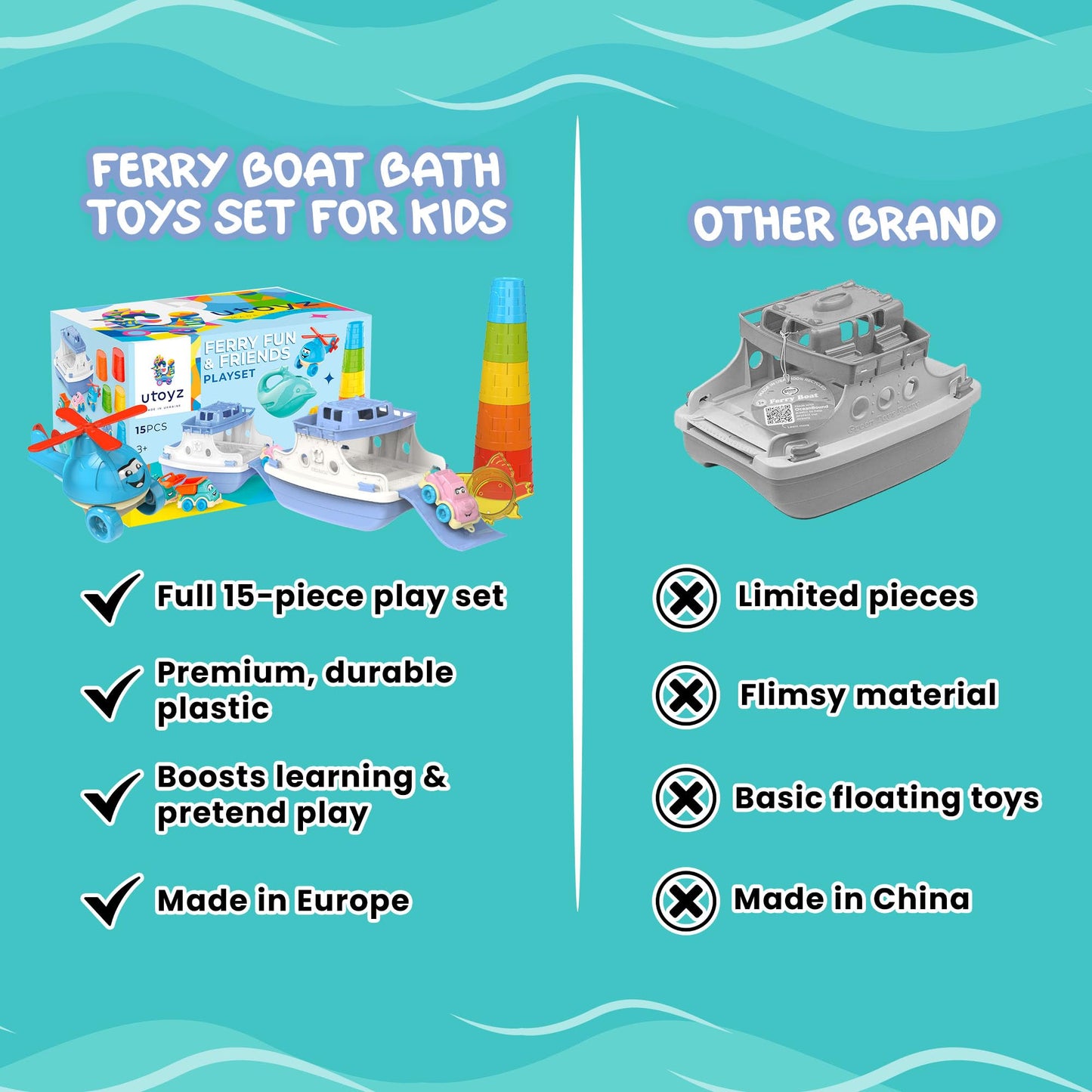 Ferry Boat Bath Toys Set for Kids 15 Pcs | Includes Ferry, Cars, Trucks, Helicopter, Stacking Cups & Toy Animals for Baby Boys & Girls | Water Bathtub Indoor Games for Toddlers | Kids Ages 1+