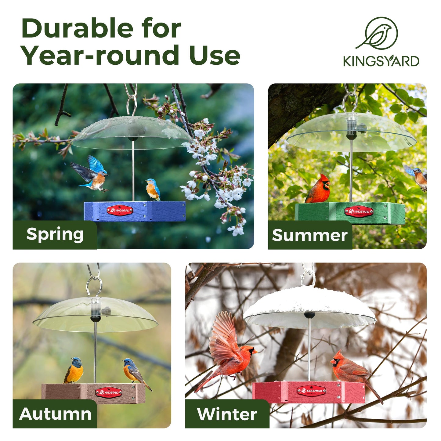 Kingsyard Platform Bird Feeder for Outdoor Hanging - Rugged Recycled Plastic Wild Bird Feeding Station with Adjustable Dome & Metal Mesh Tray. Brown