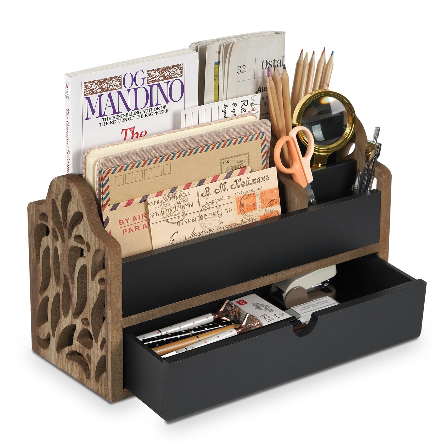 Dhmkfly Desk Organizer with Drawer Wood File Office Mail Organizer Countertop-5 Slot Tabletop Storage Pen Organizer Letter Holder for School Home Office Supplies